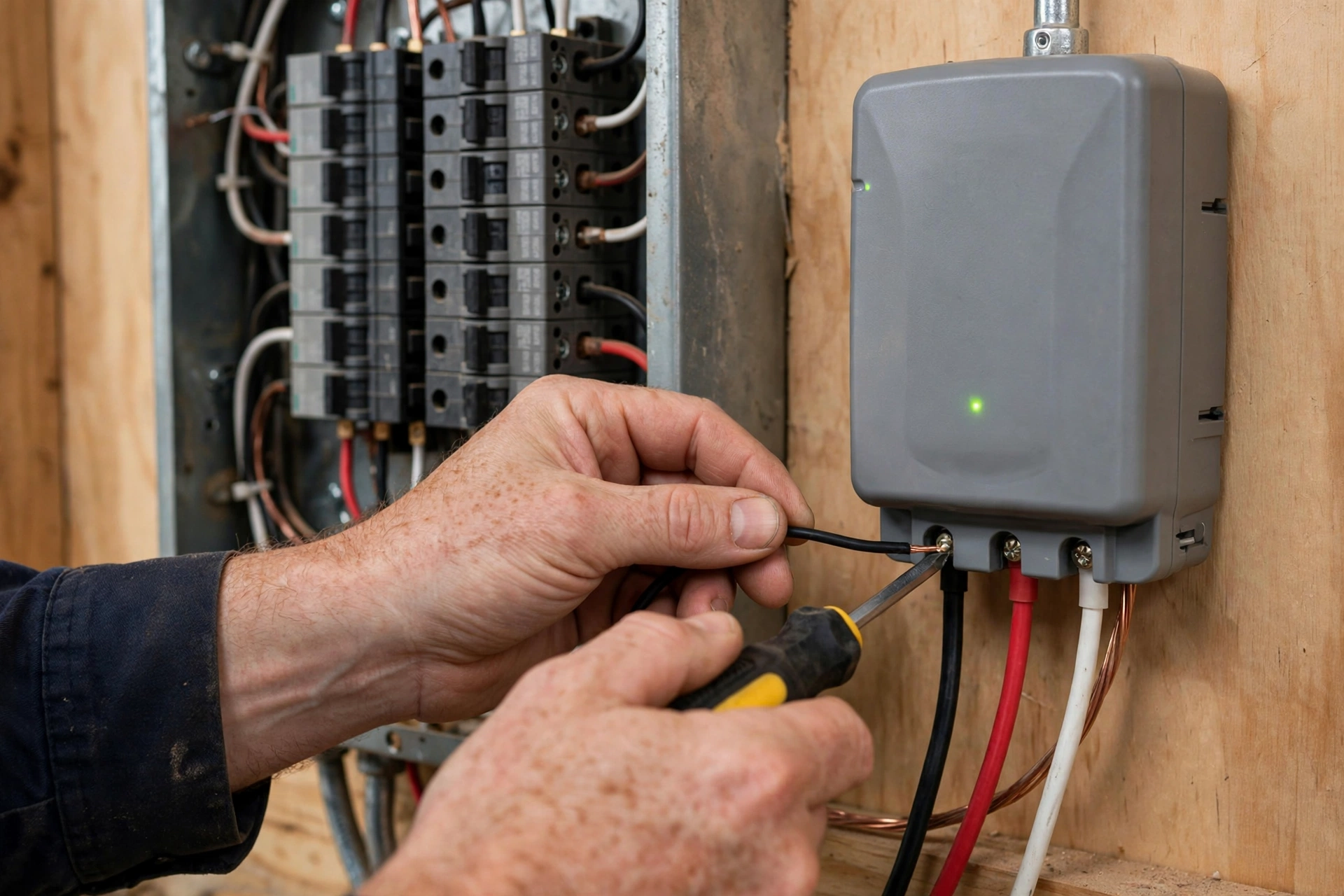 Electrician installing a whole home surge protector beside an electrical panel