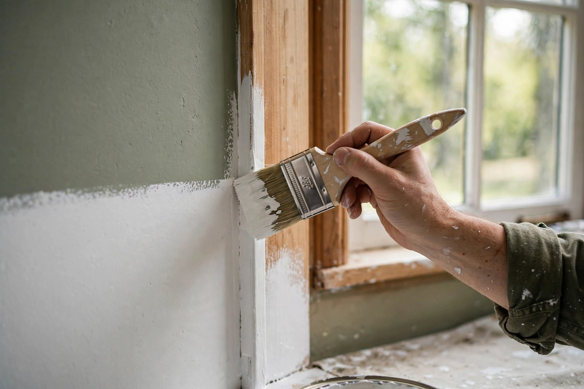 Painter cutting in trim with a brush along a window frame