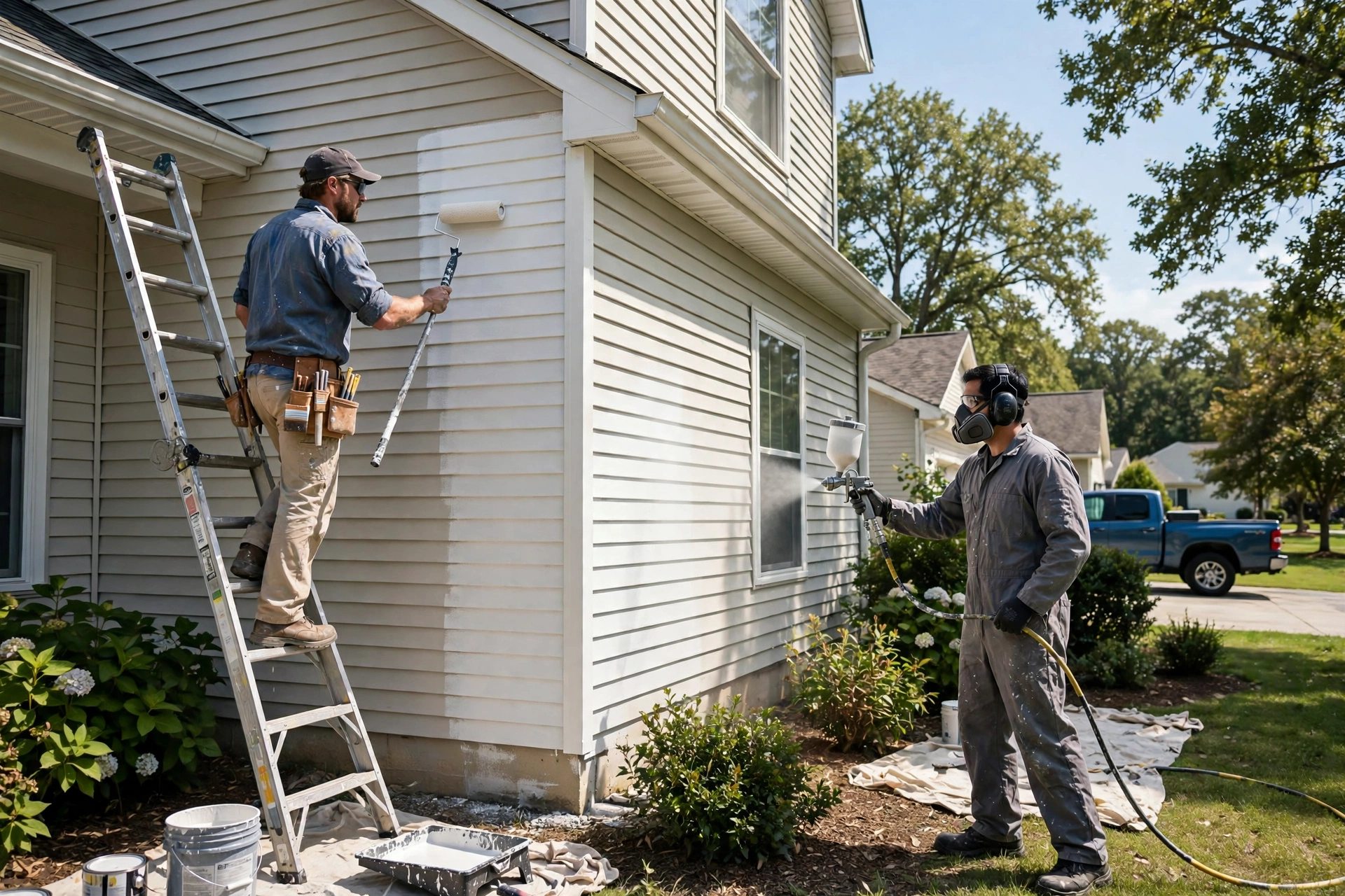 Two painters painting the exterior siding of a house