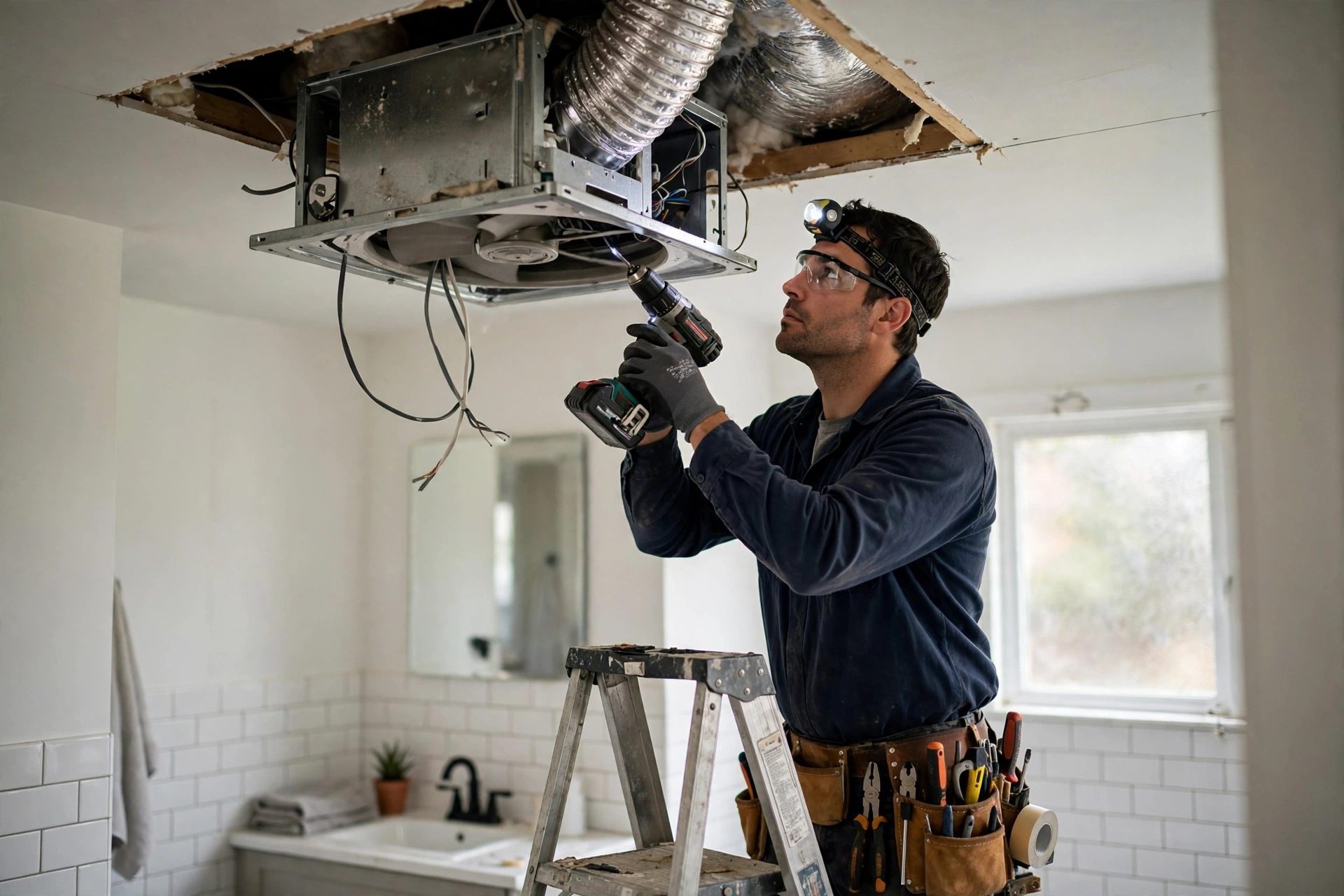 Electrician installing a bathroom exhaust fan in a ceiling