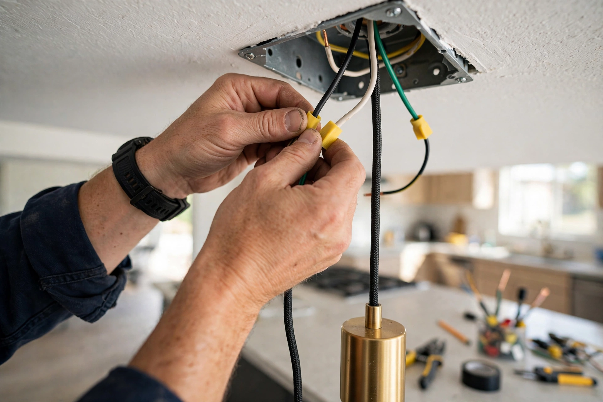 Electrician installing a pendant light fixture over a kitchen island