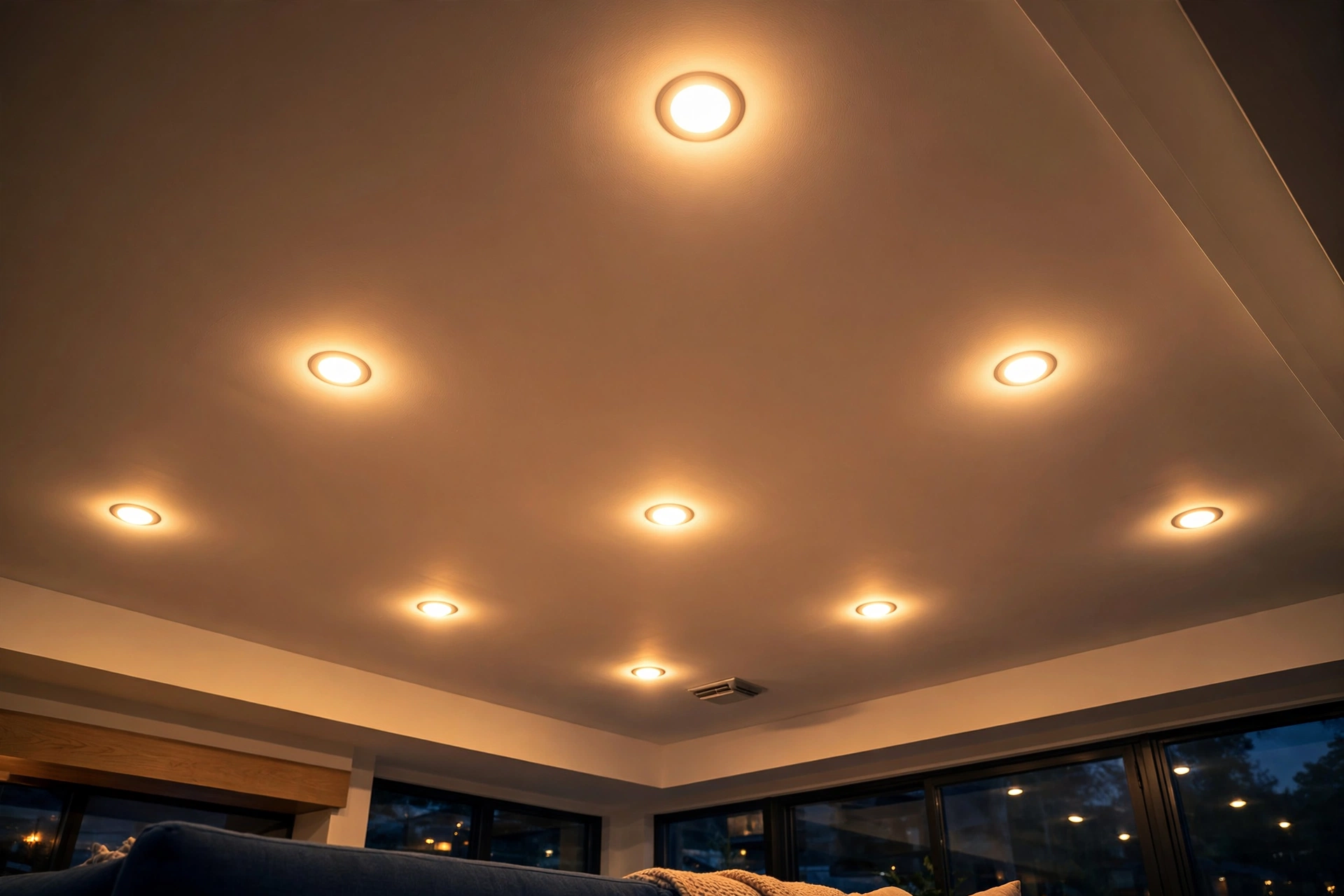 New recessed ceiling lights installed in a modern living room