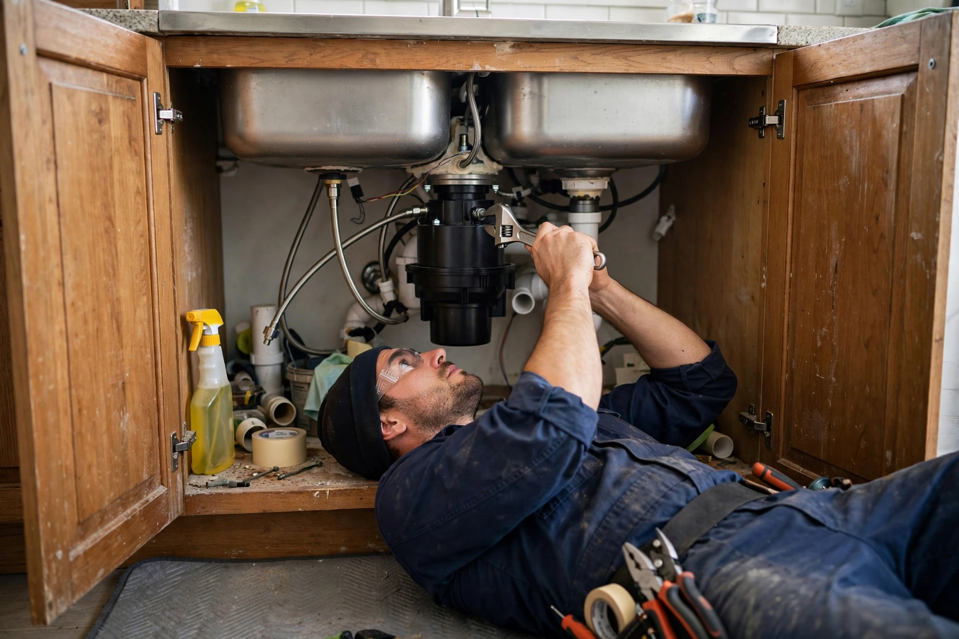 Plumber installing a garbage disposal under a kitchen sink
