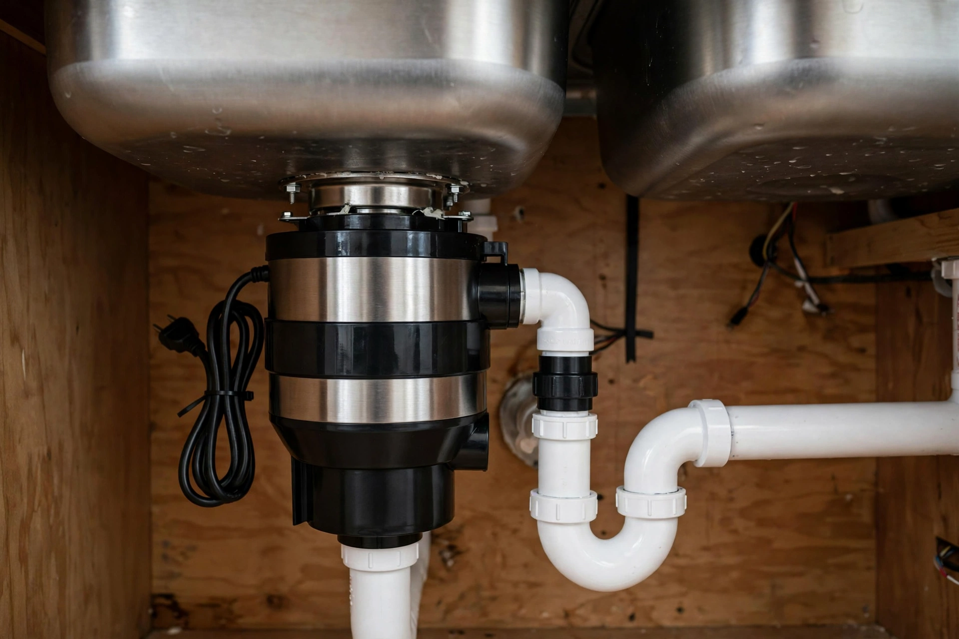 New garbage disposal unit mounted under a stainless steel kitchen sink