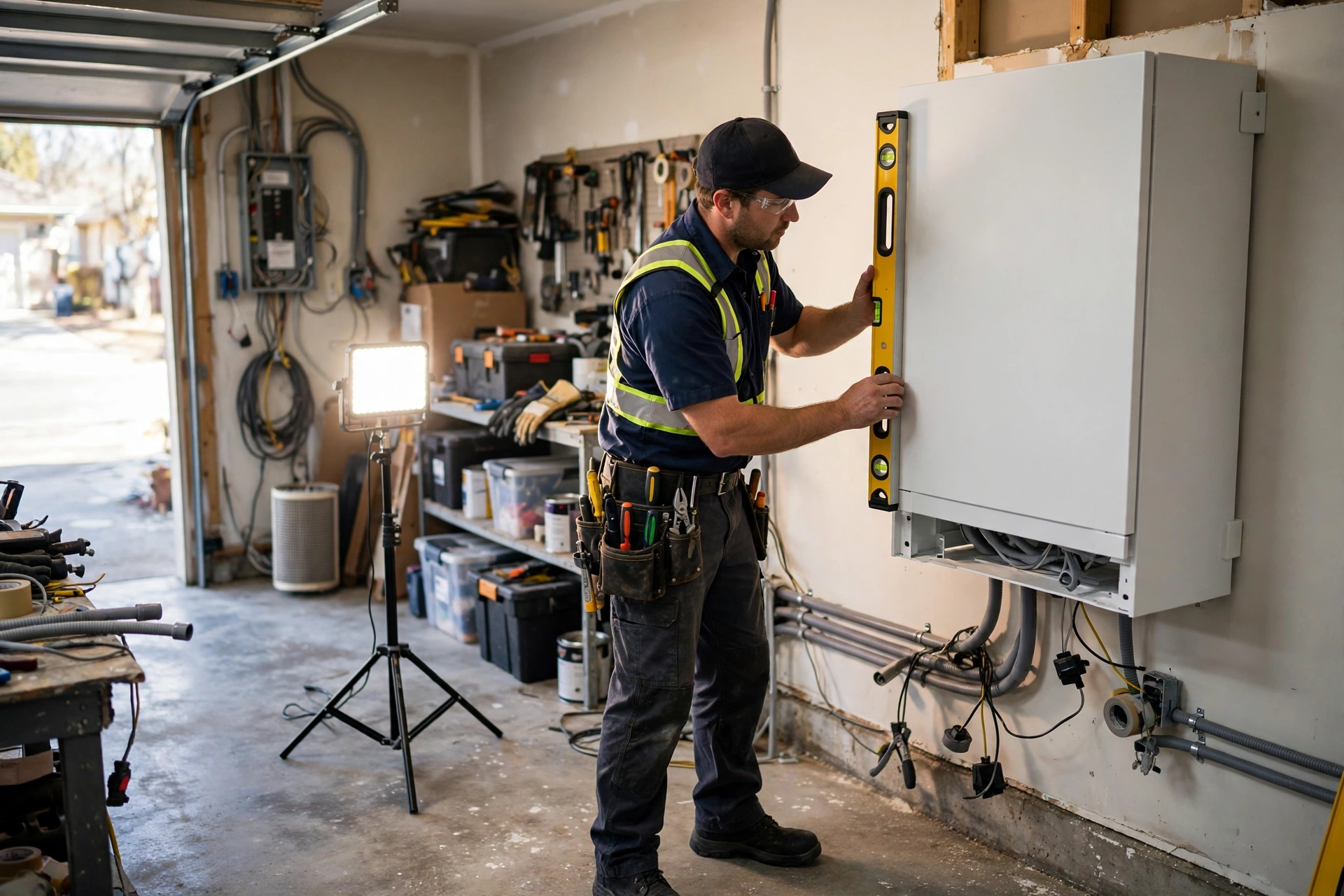 Solar battery storage unit mounted on a garage wall next to an electrical panel