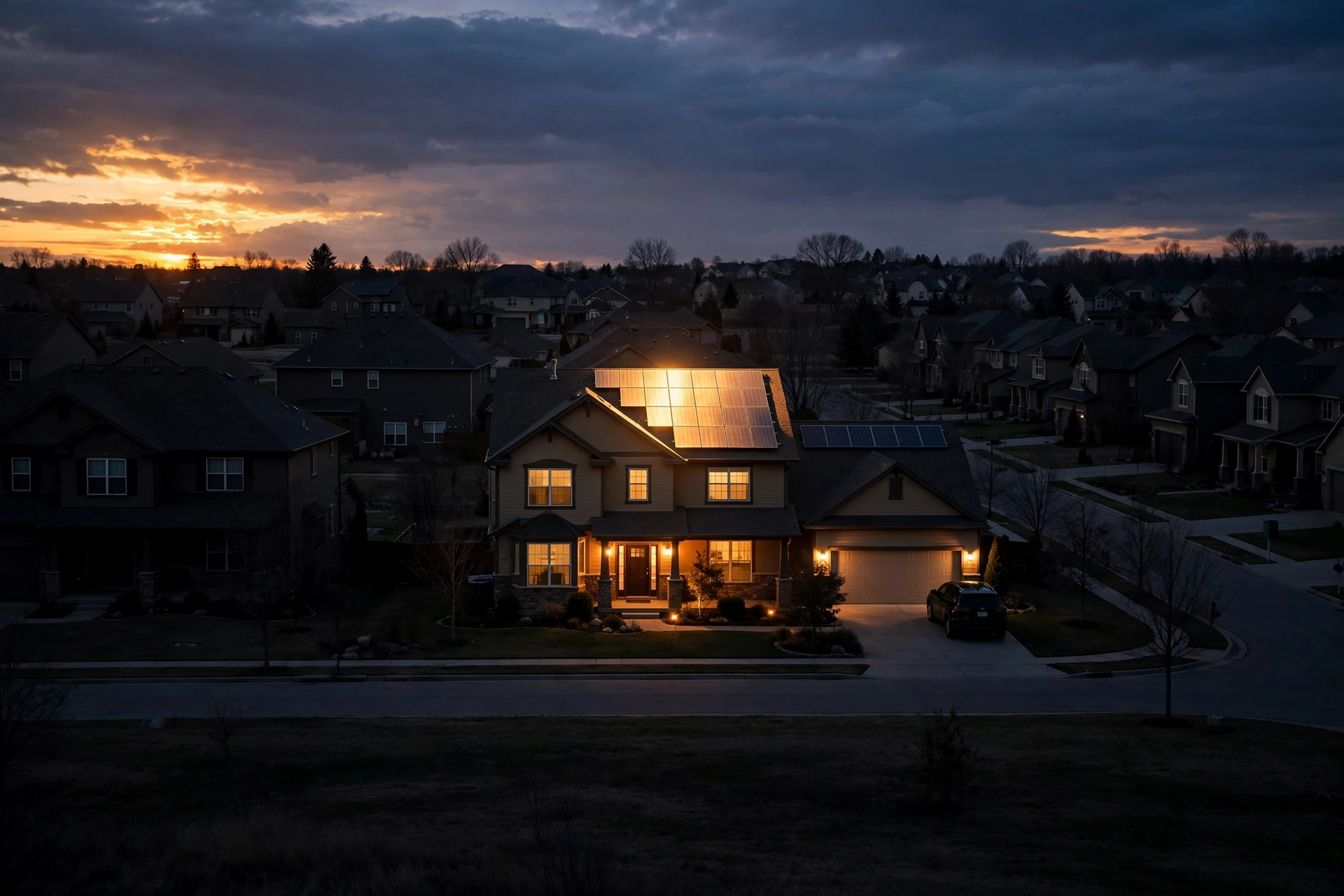 Rooftop solar panels with a home battery storage system installed beside the house