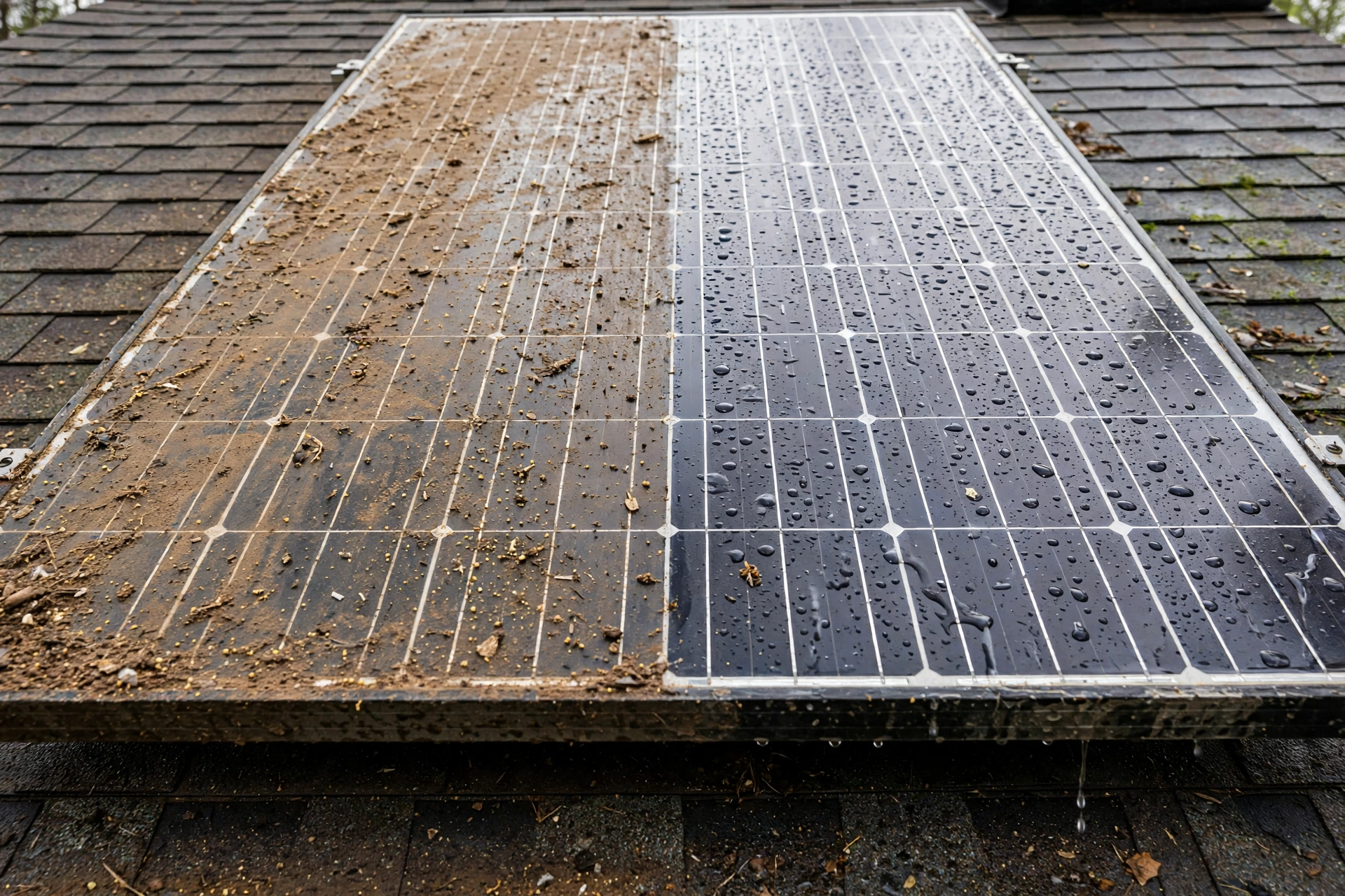 Technician washing rooftop solar panels with a water fed brush during a professional cleaning visit