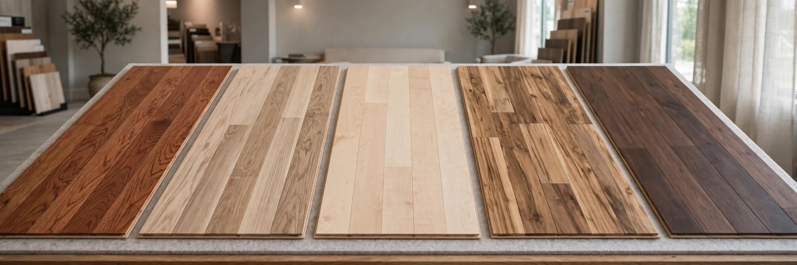 Professional installers laying solid hardwood floor planks in a living room