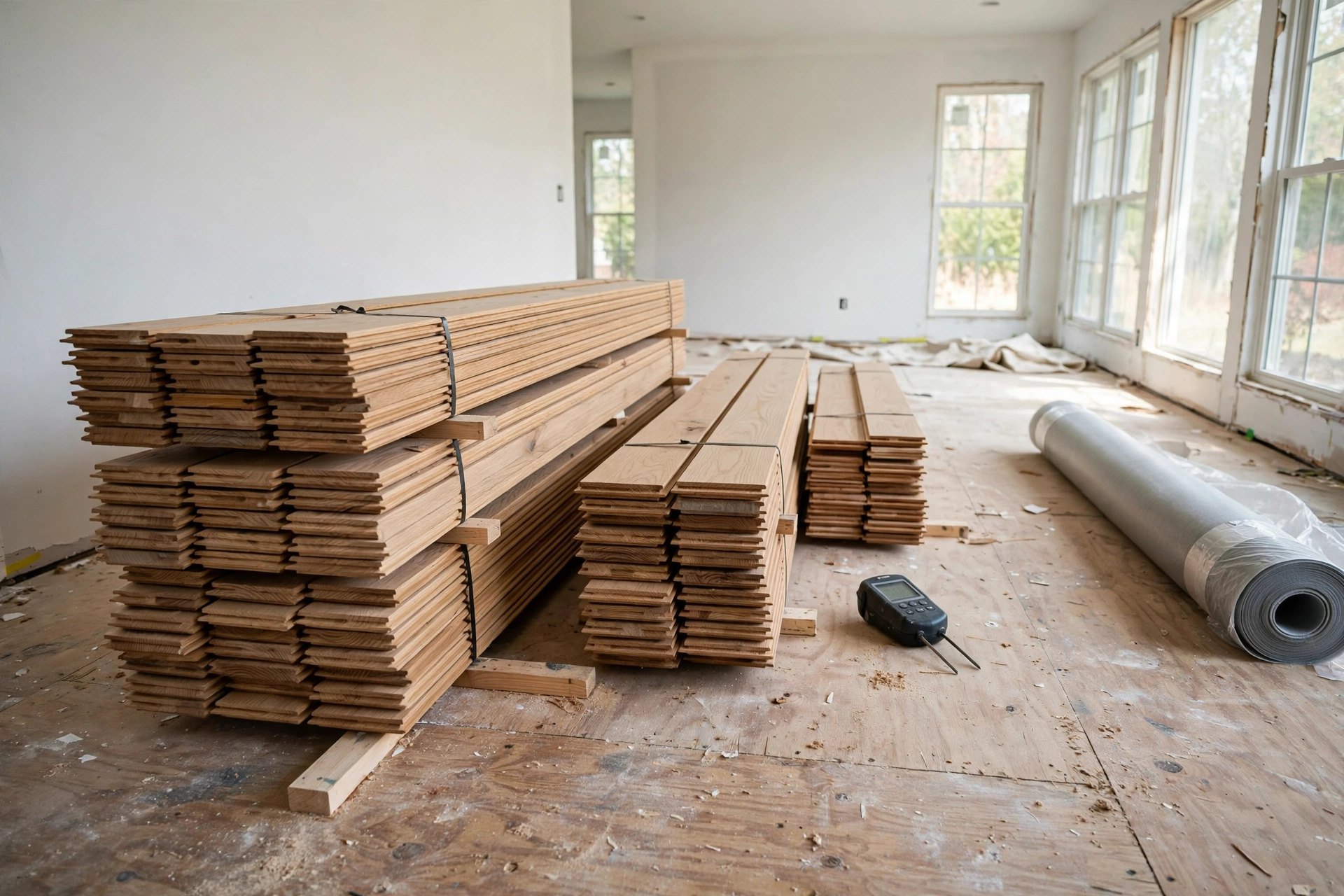 Stack of hardwood flooring planks acclimating inside a home before installation
