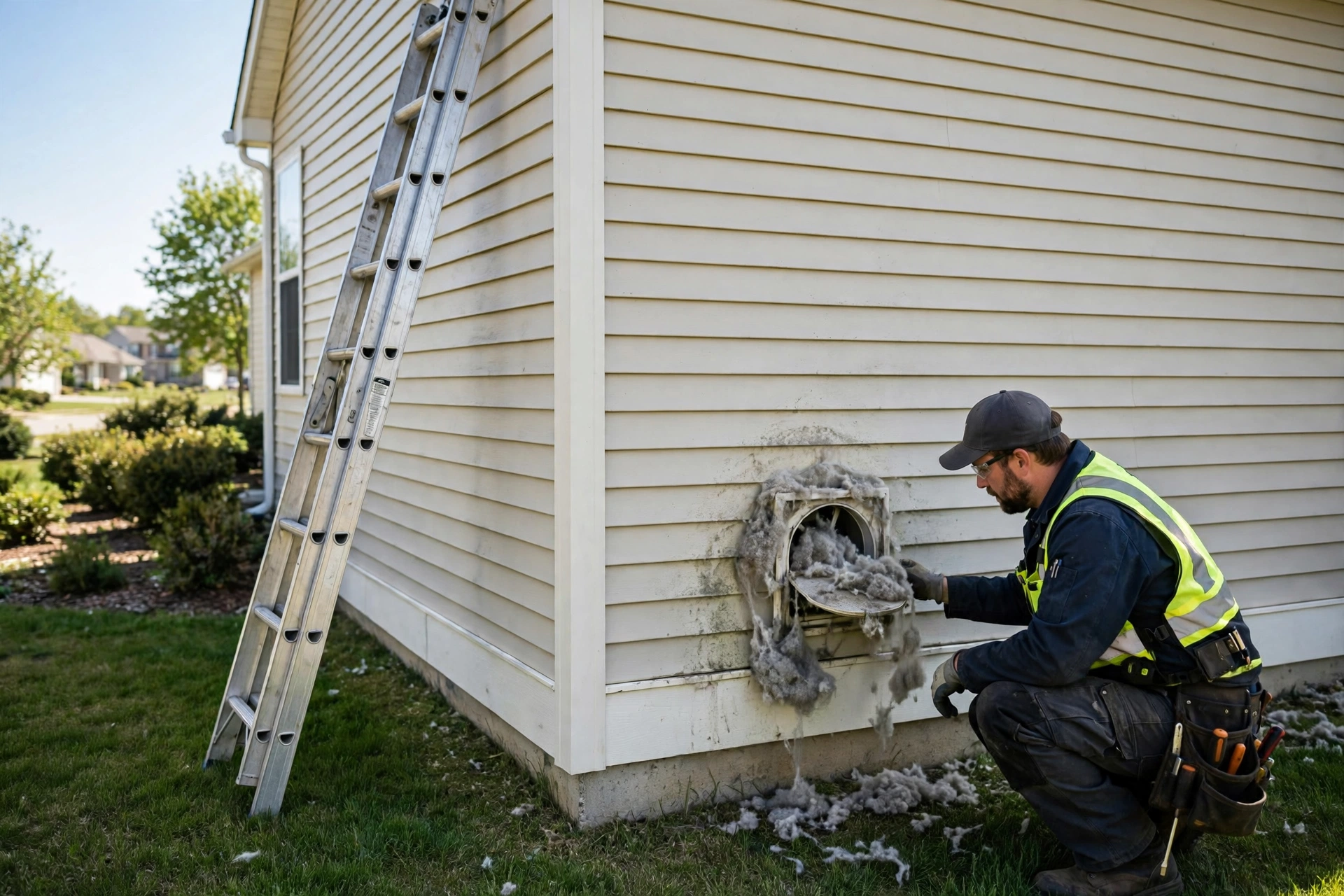Technician cleaning a residential dryer vent duct from the exterior of a house