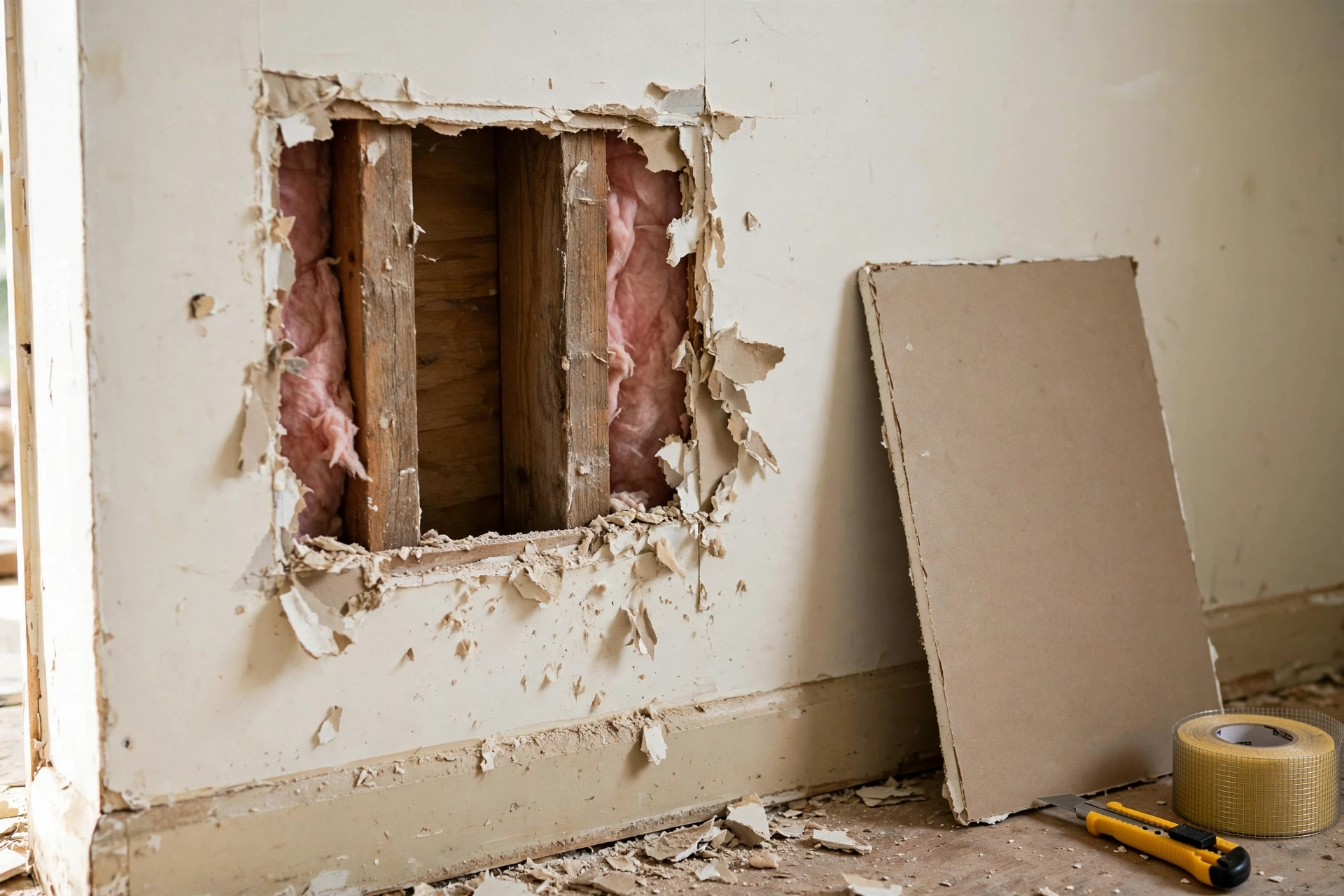 Contractor patching a hole in a drywall wall with joint compound and a trowel