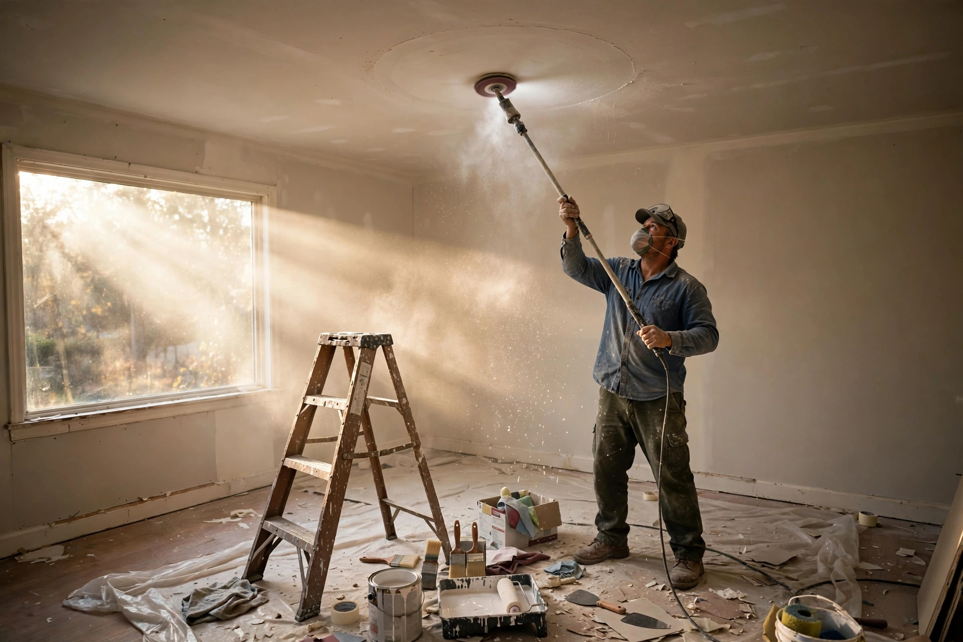 Close-up of a sanded drywall patch on a ceiling next to an undamaged textured ceiling area