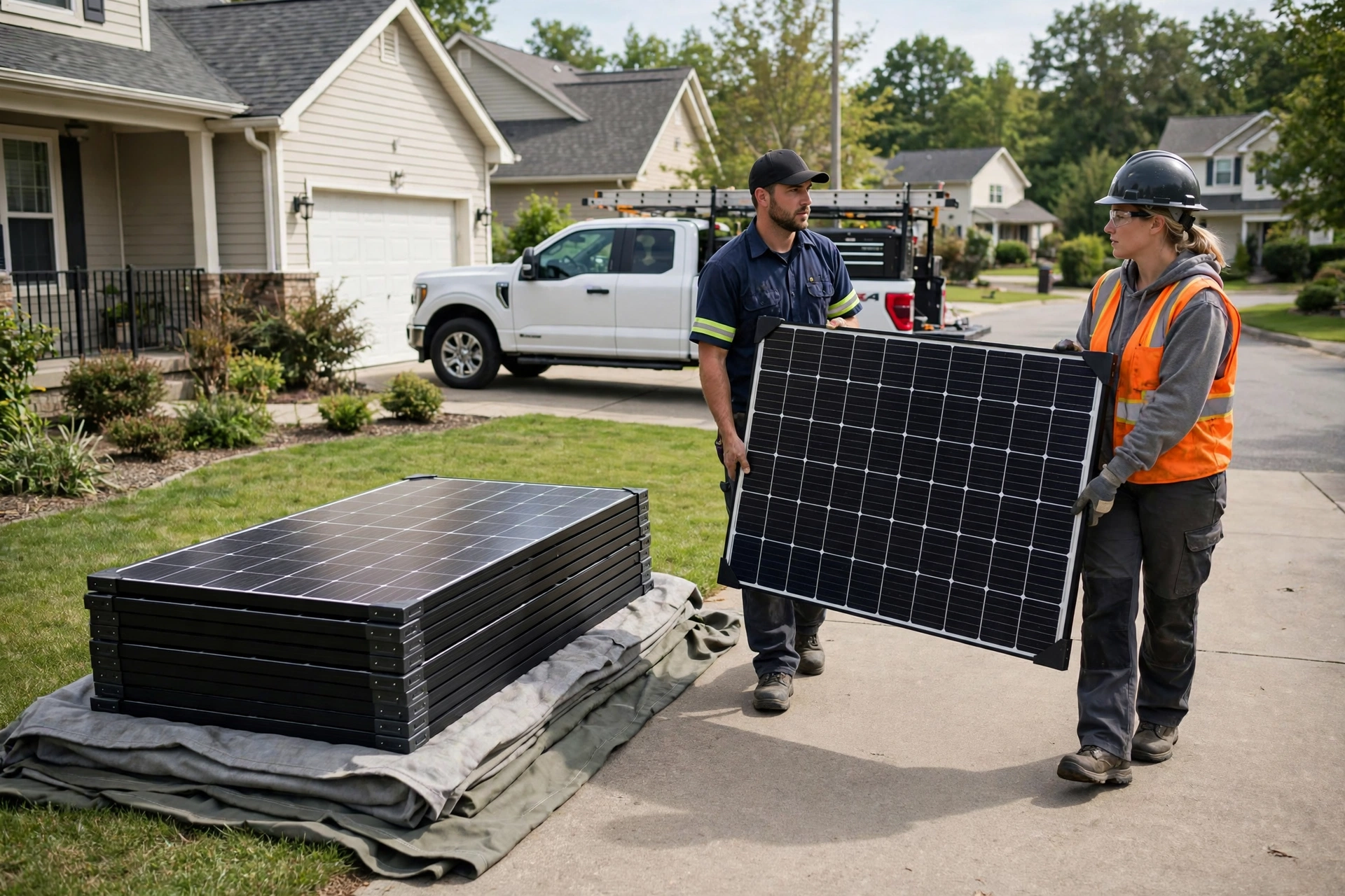 Solar technicians carefully removing solar panels from a residential roof before roofing work