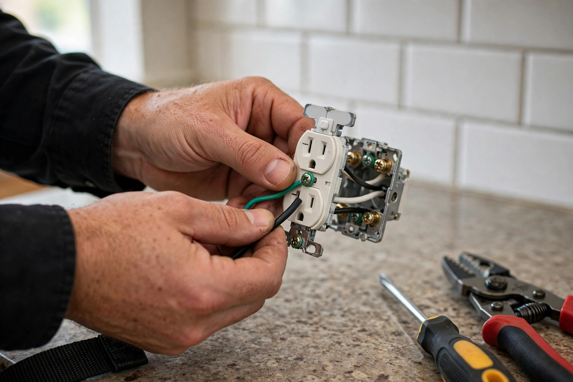 Electrician installing a new wall outlet in a home