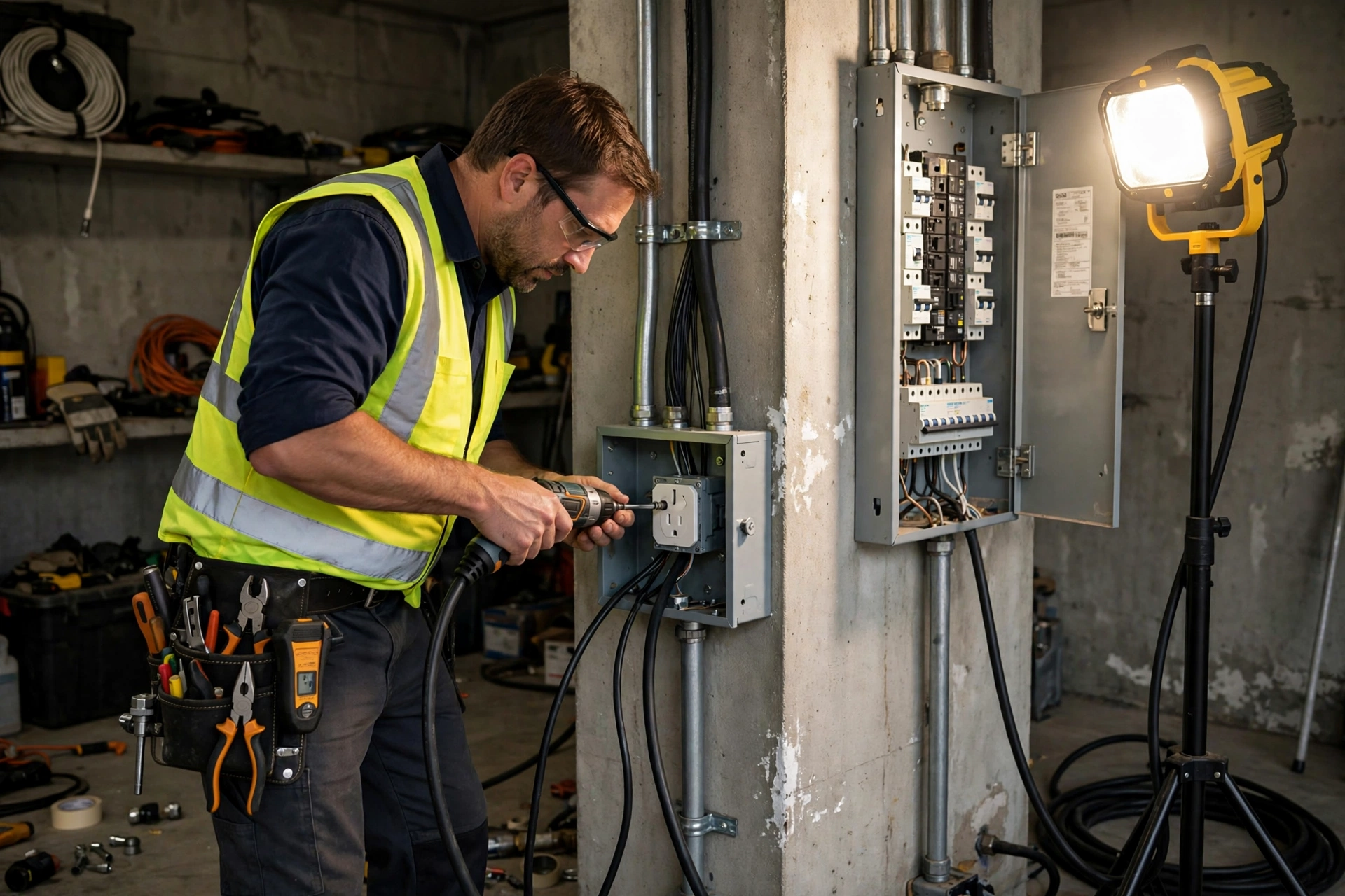 Close-up of an electrician wiring a 240V outlet with a multimeter nearby