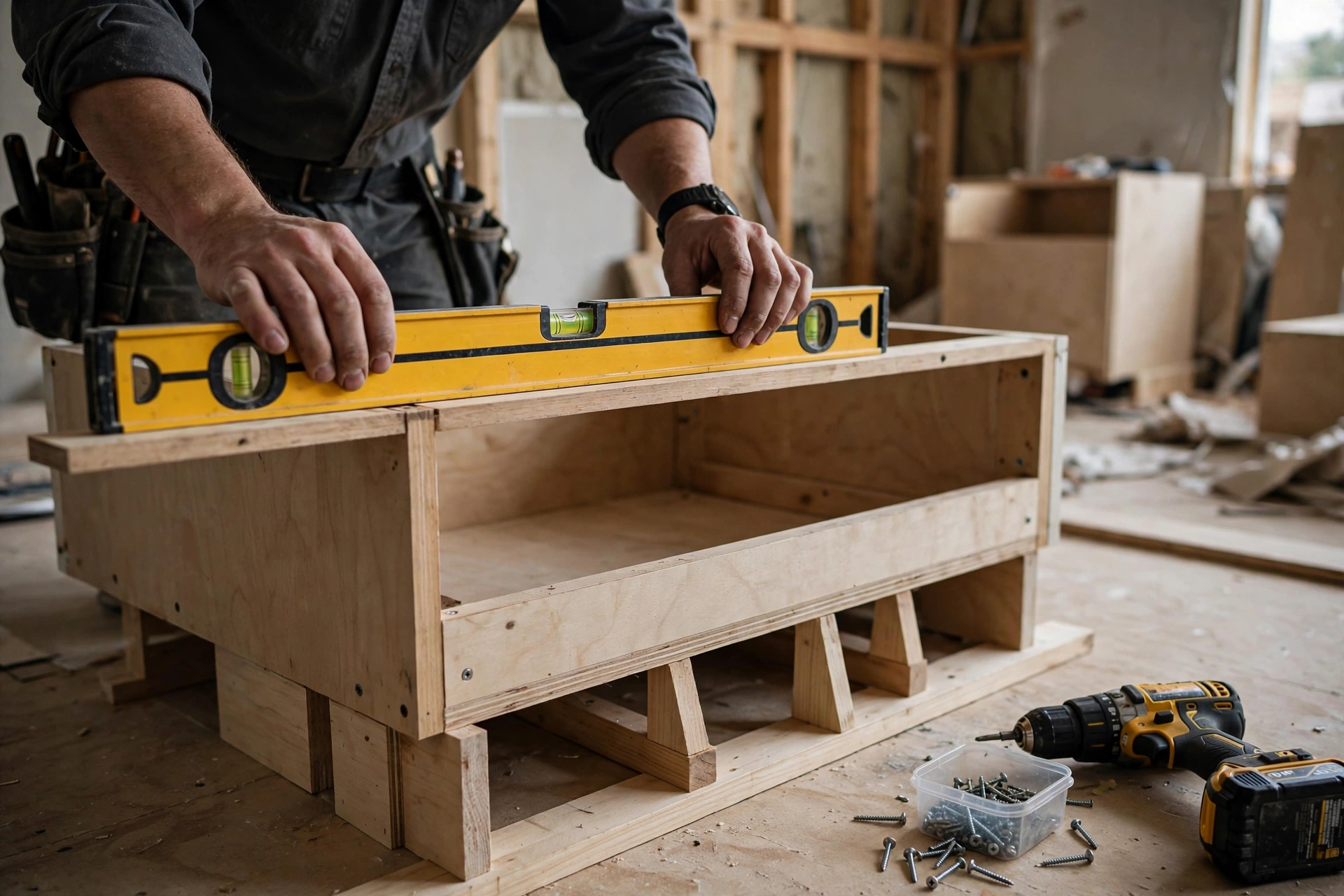 Installer hanging upper kitchen cabinets level on a kitchen wall during a remodel