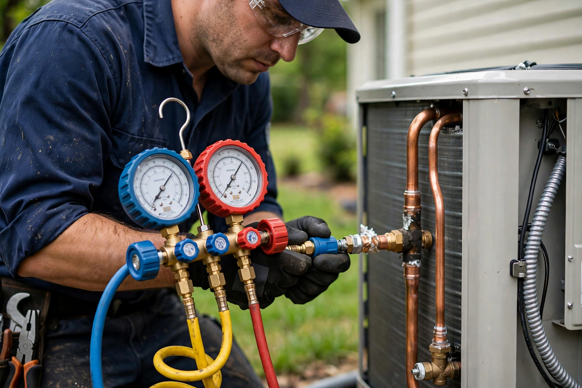 HVAC technicians installing a new central air conditioning condenser unit outside a home
