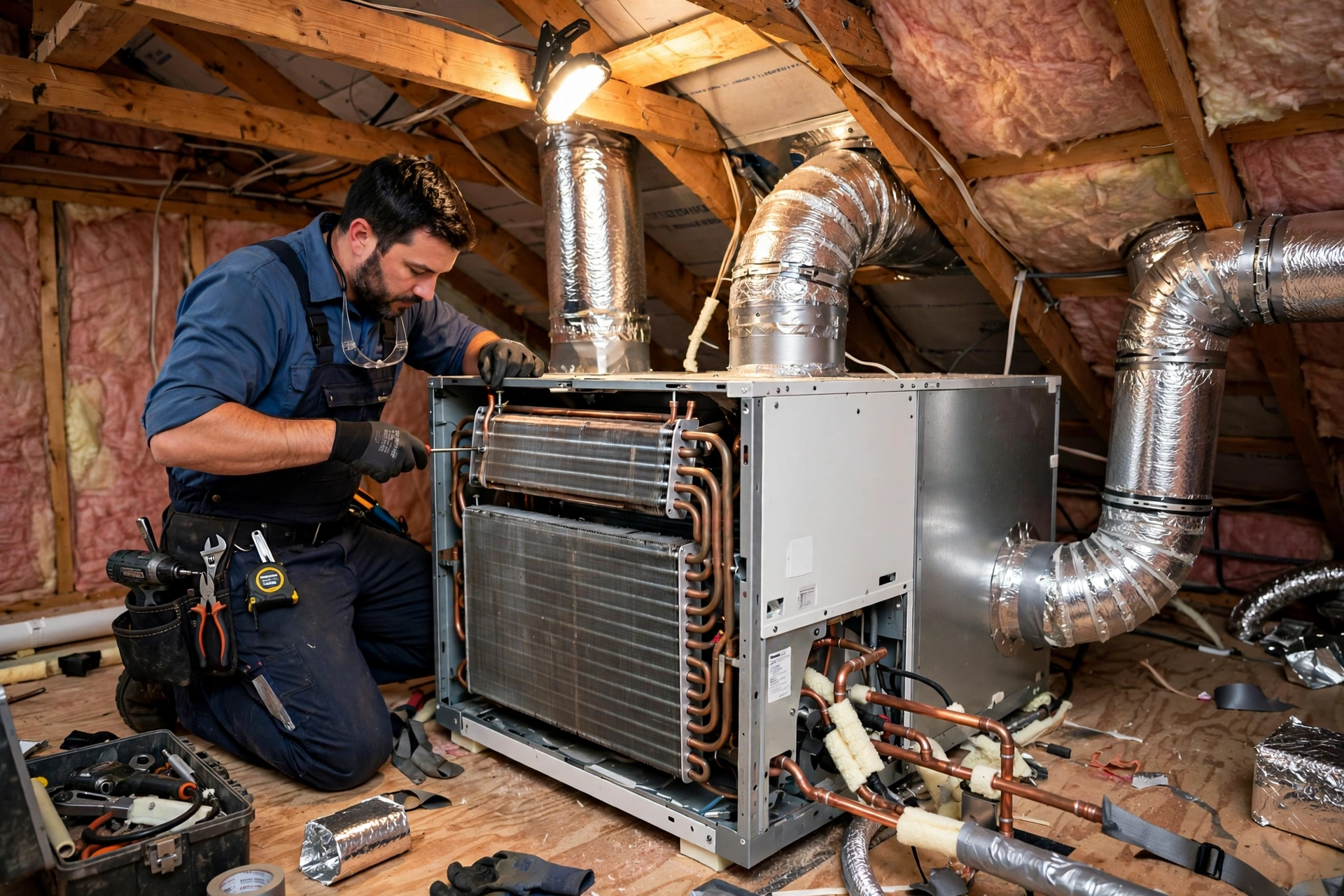 Close view of a new central AC condenser with copper refrigerant lines during installation