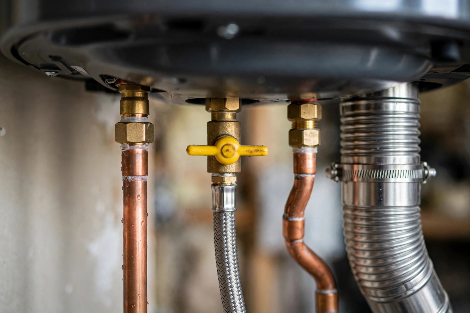 Close-up of copper water lines, gas line and vent pipe connections under a tankless water heater, proper hookups are a key part of tankless water heater installation cost