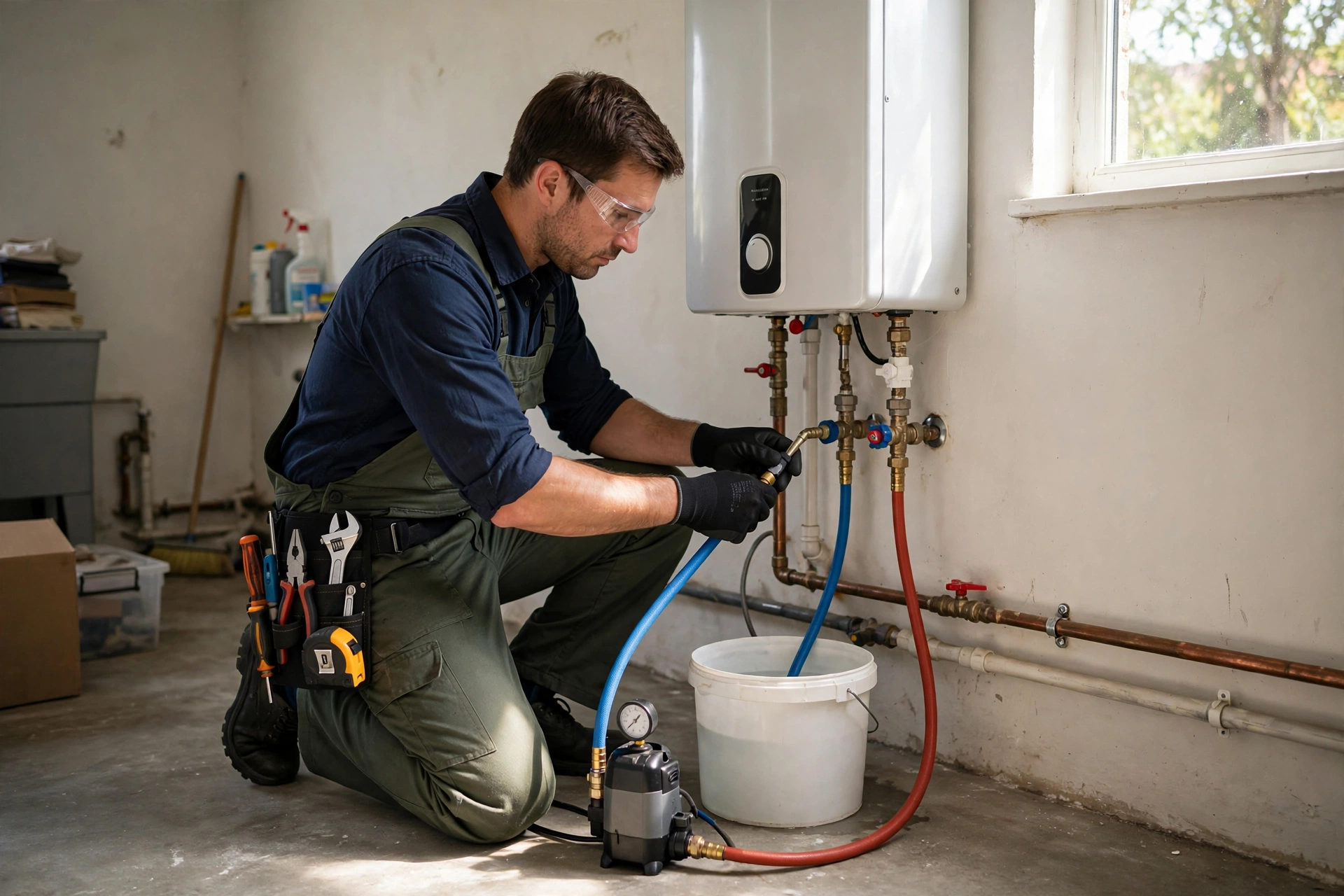 Plumber descaling a tankless water heater during annual maintenance