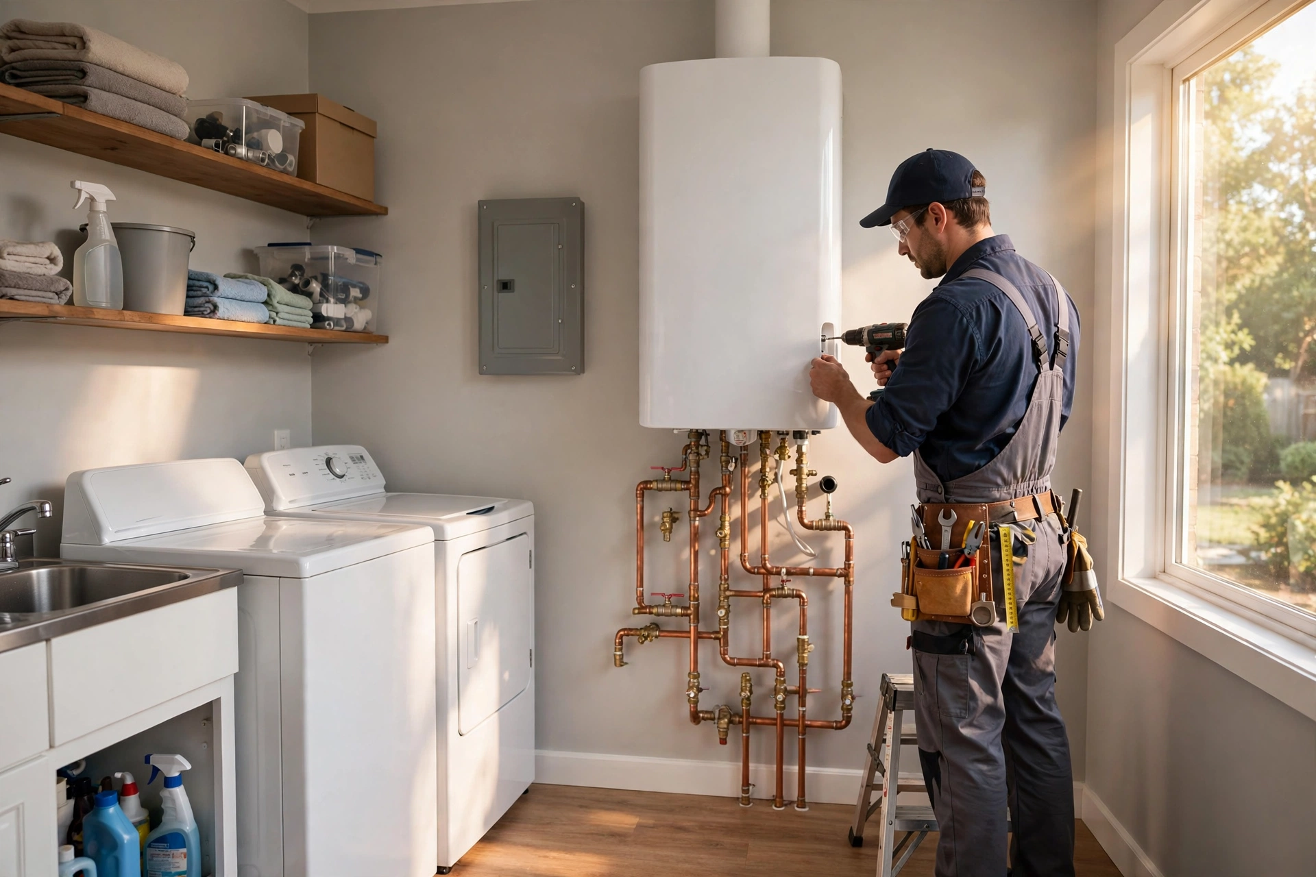 Plumber installing a wall-mounted tankless water heater in a home utility room
