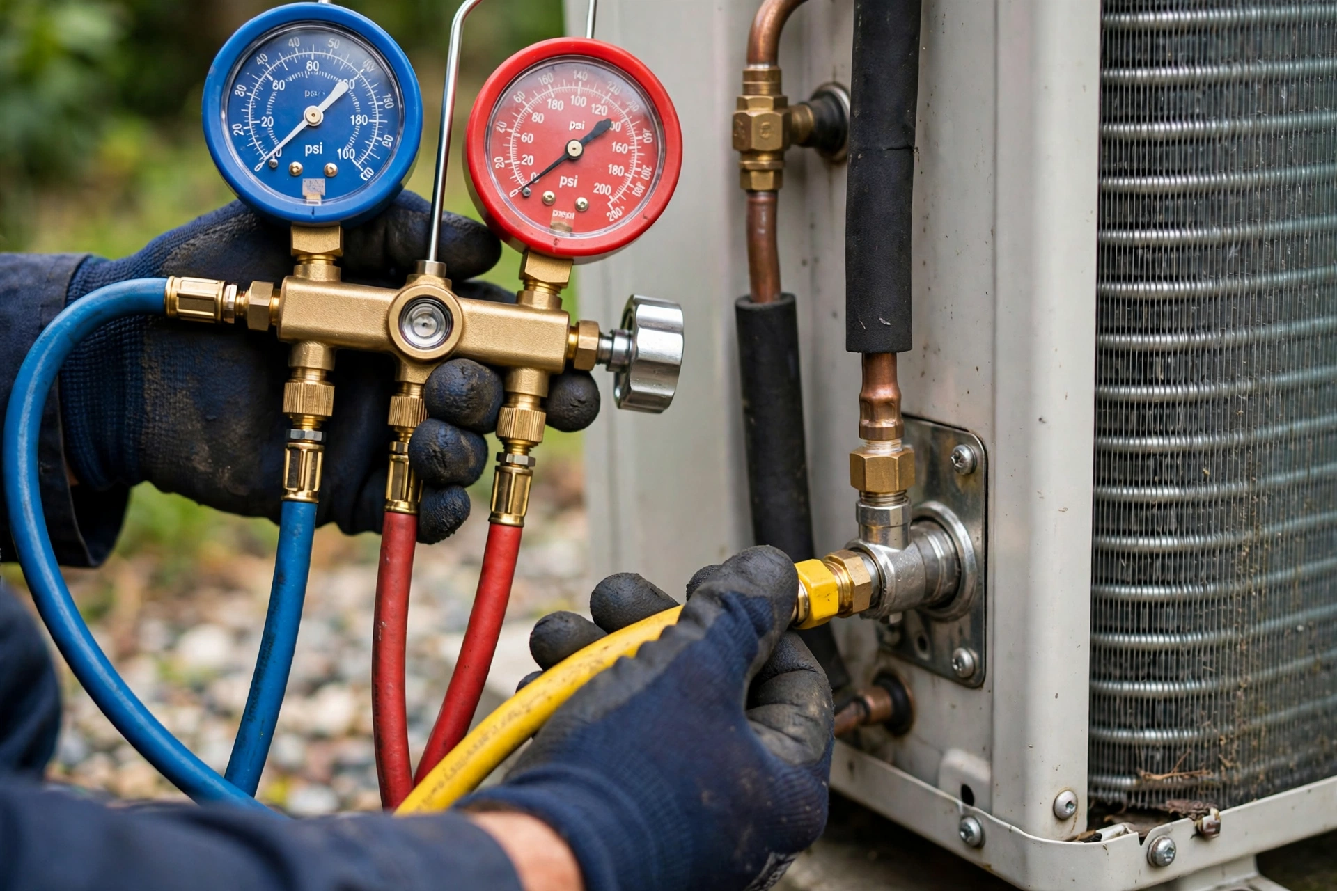 Technician connecting refrigerant gauges to a heat pump during installation, quality labor is a major share of heat pump replacement cost