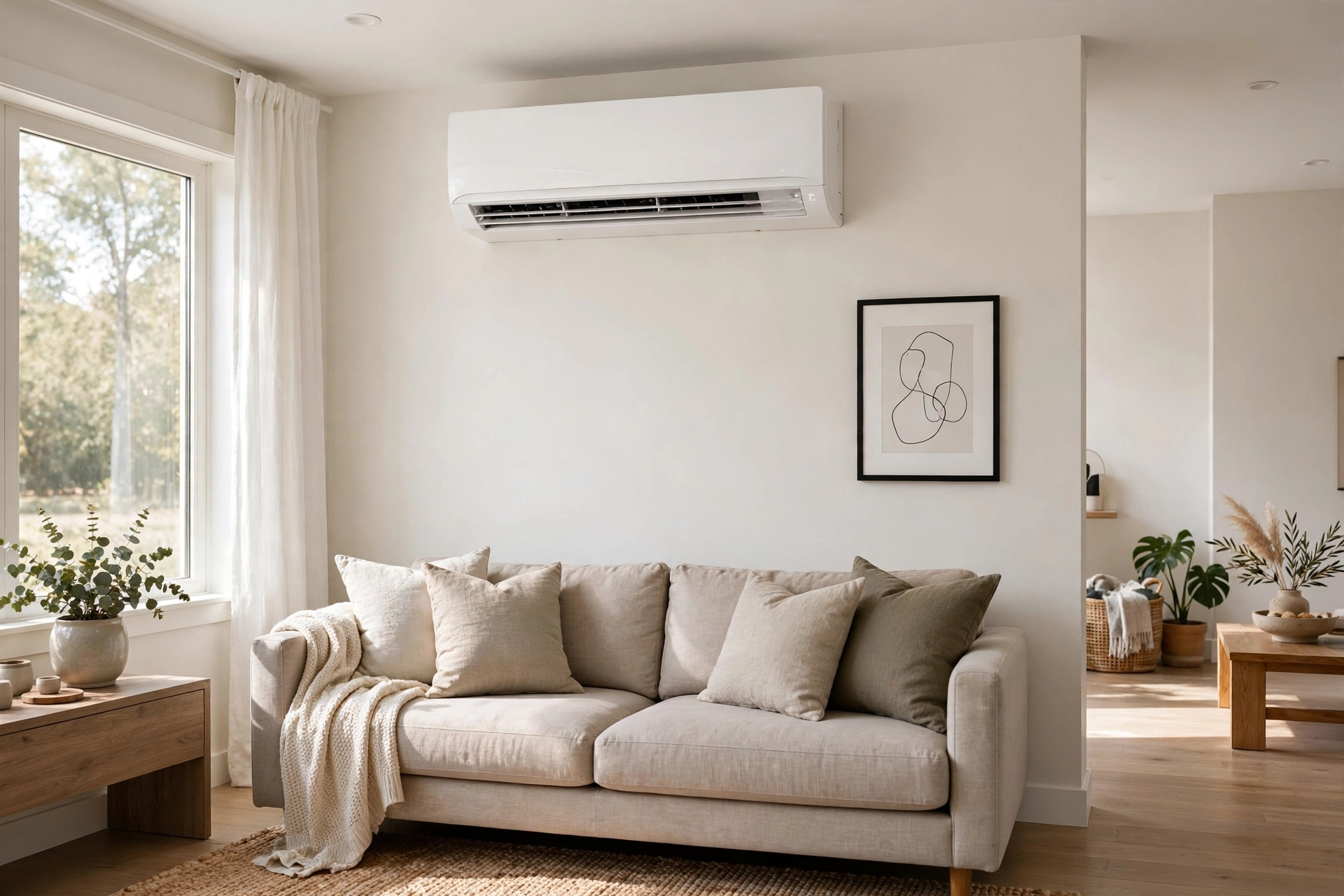 Ductless mini split heat pump unit mounted on a living room wall
