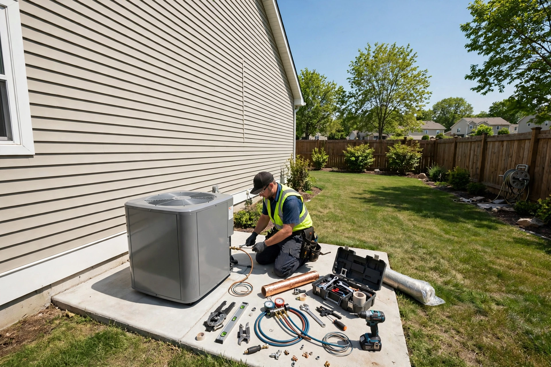 HVAC technician installing a new heat pump unit outside a suburban home