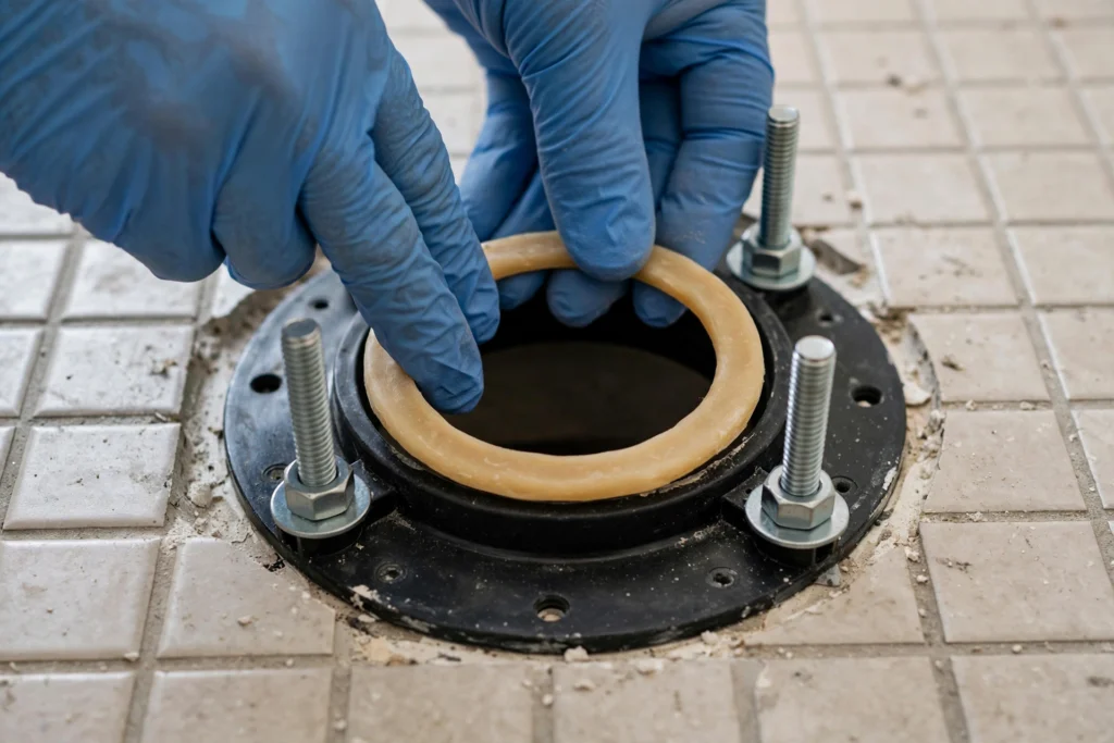 Close-up of a toilet flange and wax ring before setting a new toilet, a proper seal keeps toilet installation cost from rising