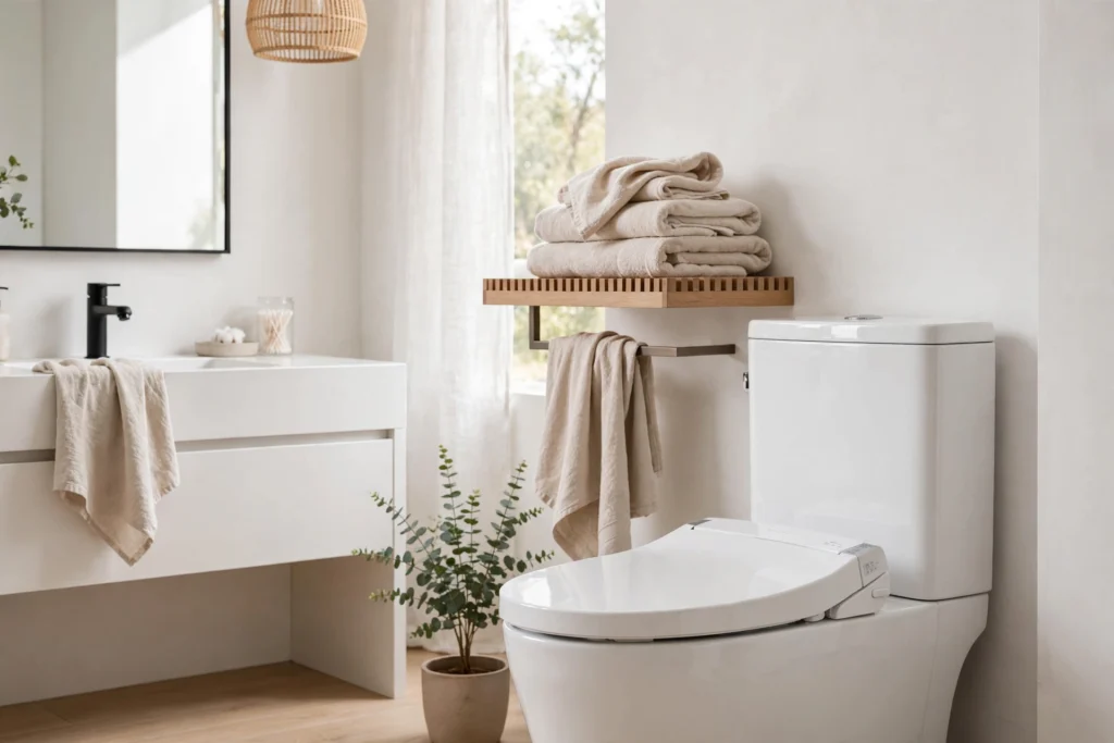 Modern one piece toilet with a bidet seat in a finished bathroom
