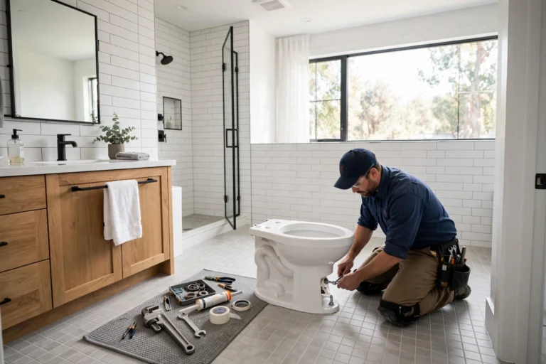 Plumber installing a new white toilet in a modern bathroom
