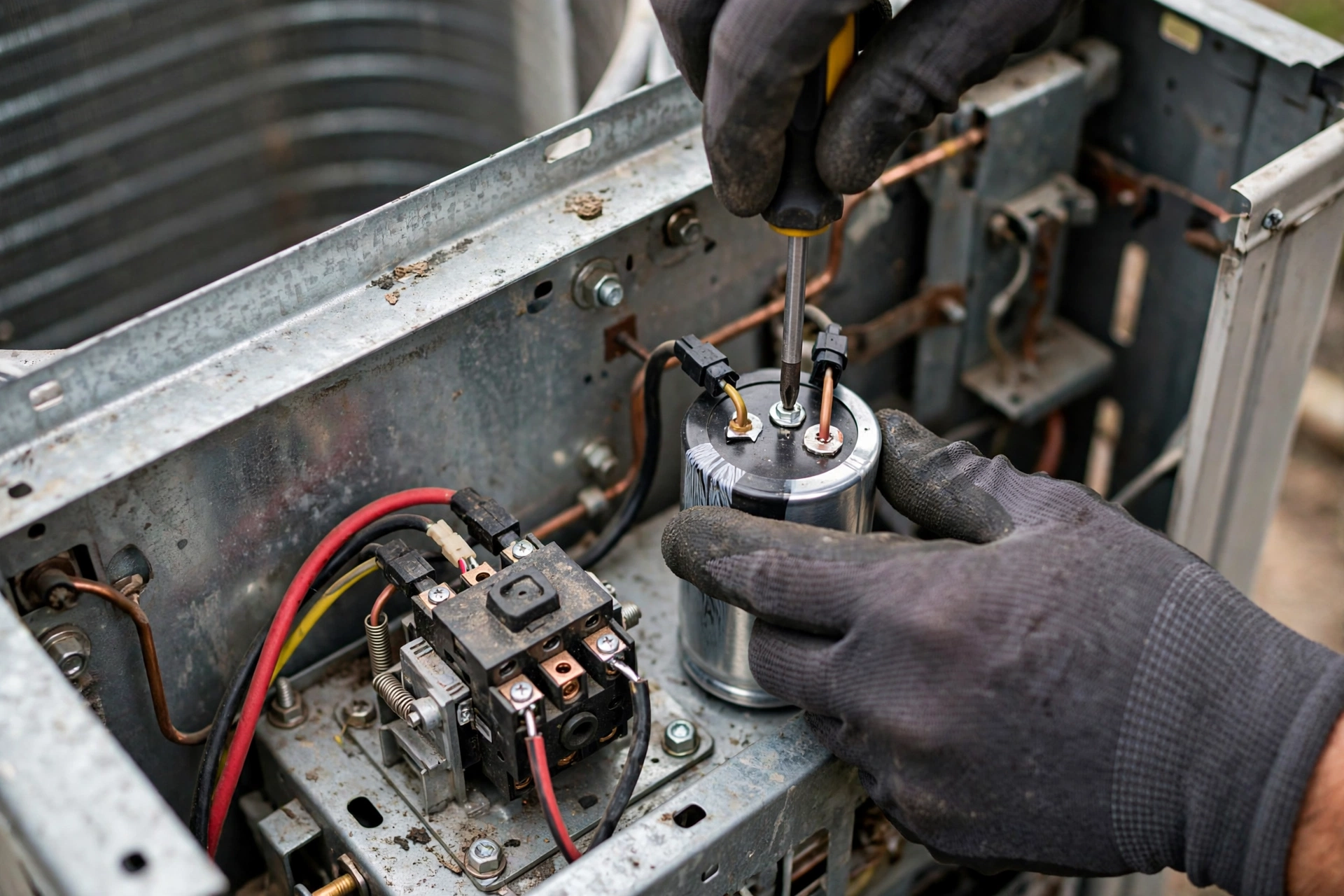 Technician replacing a capacitor inside an outdoor condenser unit, a common service call that drives hvac repair cost