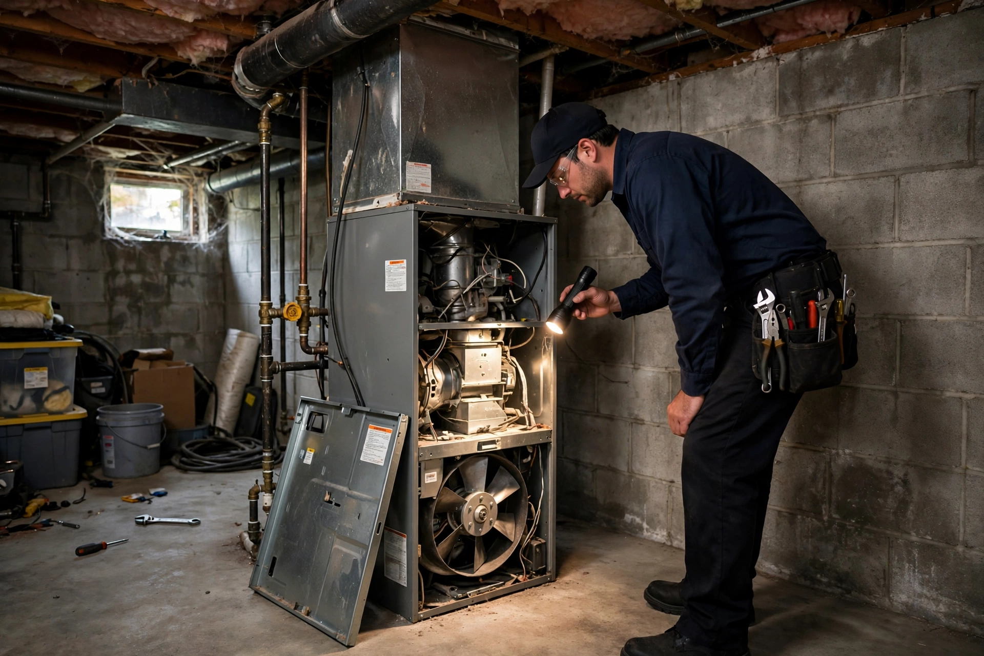 Technician inspecting a gas furnace blower in a home basement