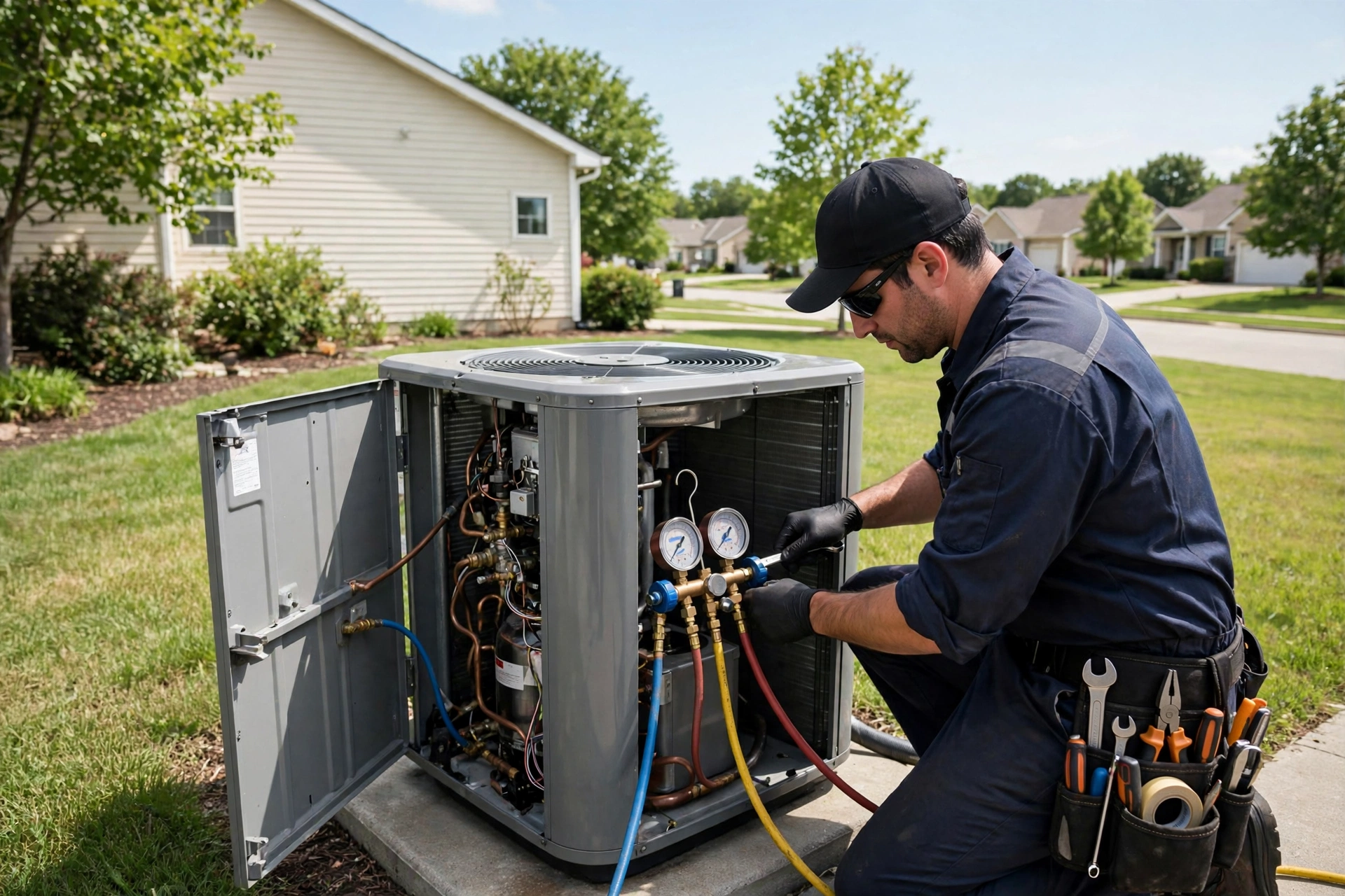 HVAC technician servicing an outdoor air conditioner with gauges