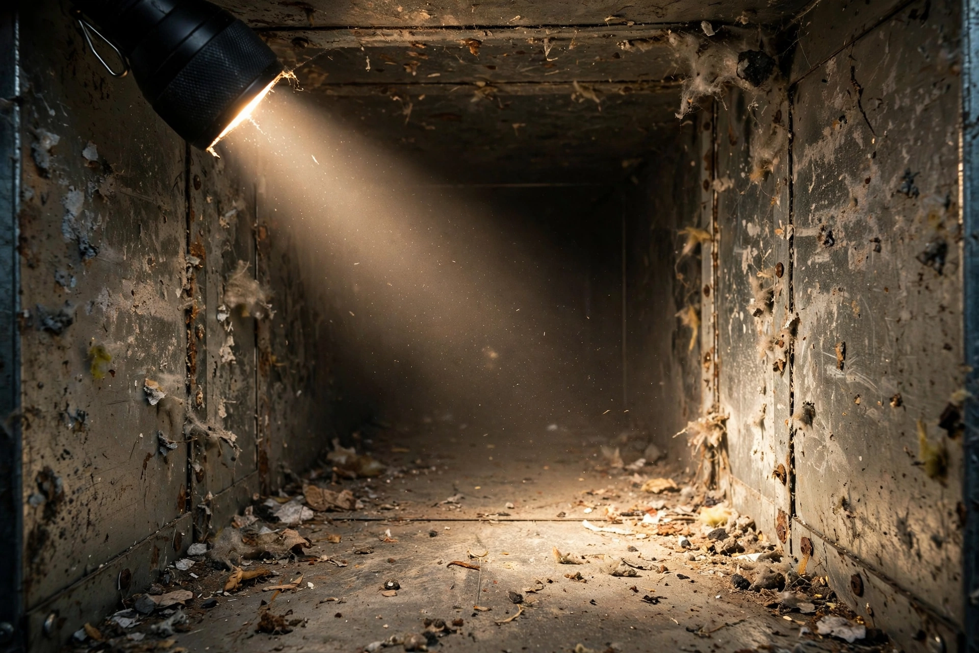 Inside view of a dusty metal air duct with debris buildup, contamination like this increases air duct cleaning cost