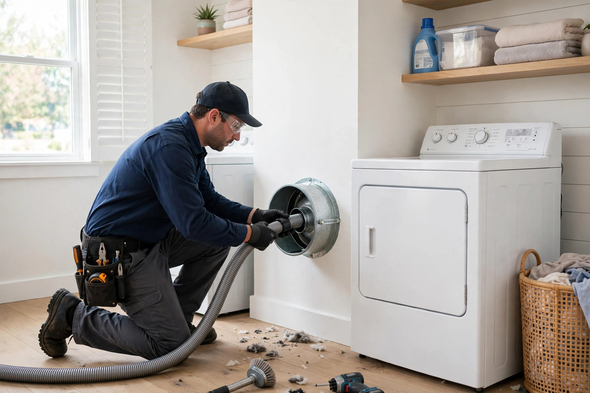 Technician cleaning a dryer vent duct in a laundry room