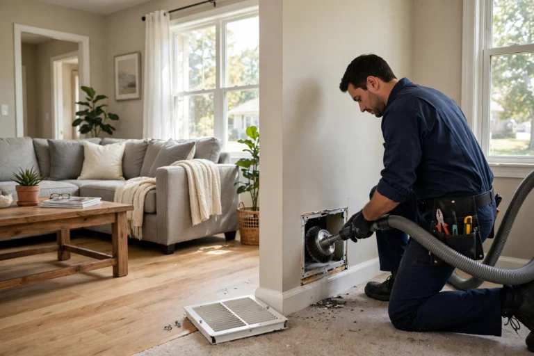 Technician cleaning a home air duct with a rotary brush and vacuum hose