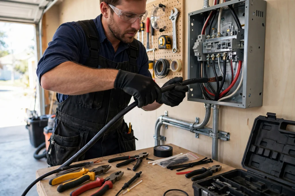 Installer wiring a transfer switch panel in a garage, a key part of whole house generator cost