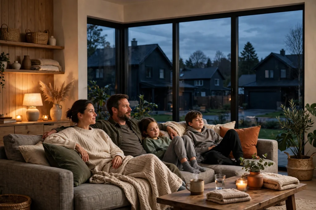 Living room lights on during a neighborhood power outage thanks to a standby generator