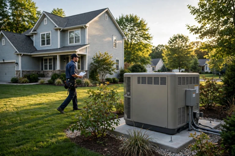 Standby generator installed on a concrete pad beside a suburban home