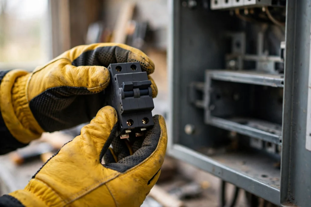 Hands in insulated gloves fitting a new breaker, the labor behind circuit breaker replacement cost