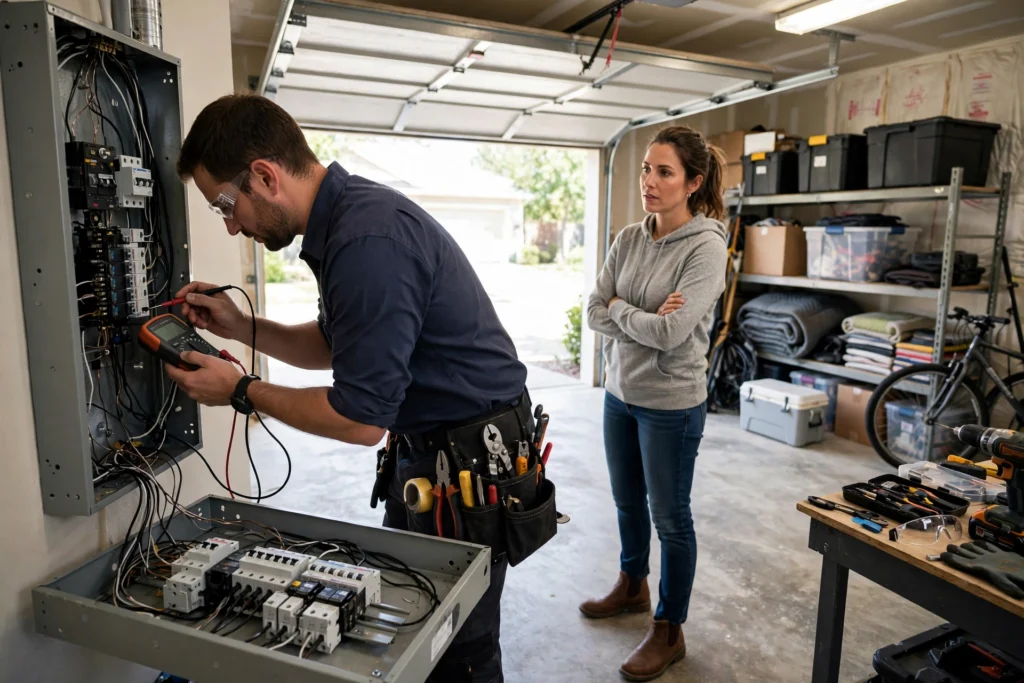 Electrician testing an electrical panel with a digital multimeter