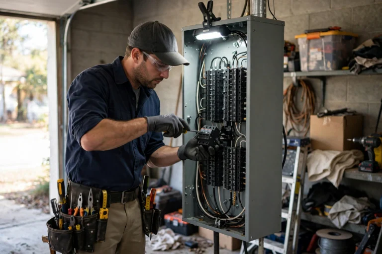 Electrician replacing a circuit breaker inside a residential electrical panel