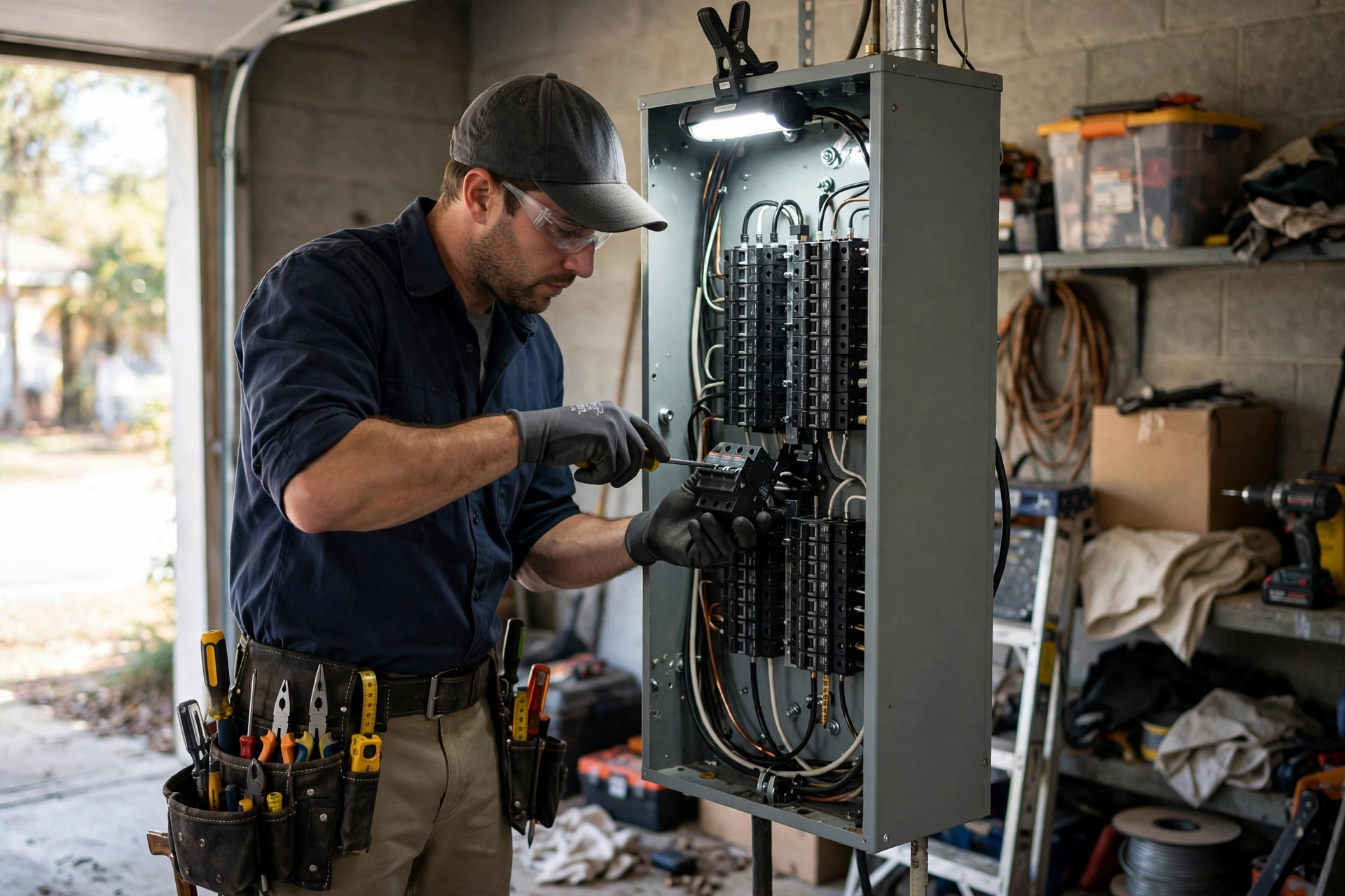 Electrician replacing a circuit breaker inside a residential electrical panel