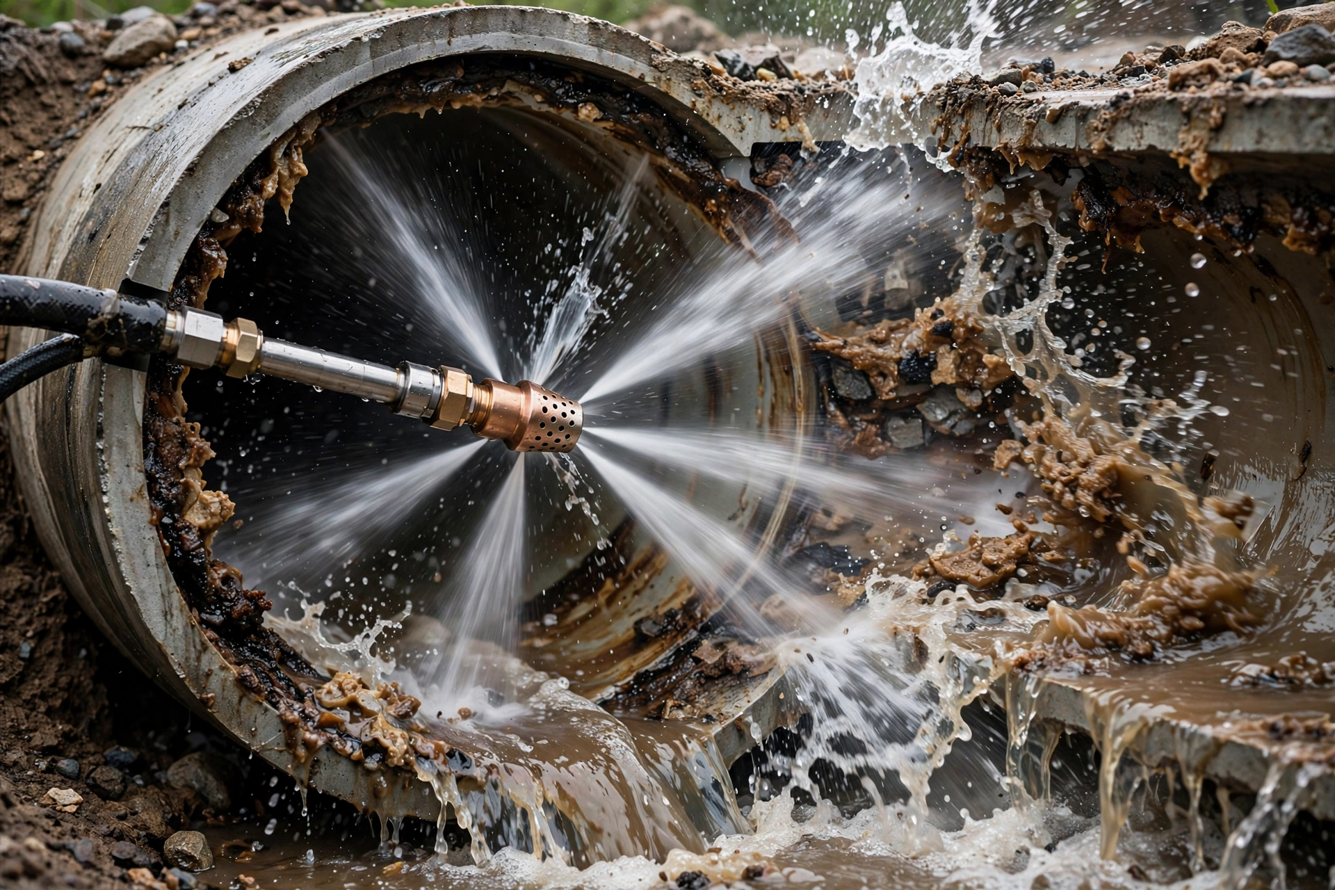 Hydro jetting nozzle spraying inside a drain pipe, the work behind hydro jetting cost