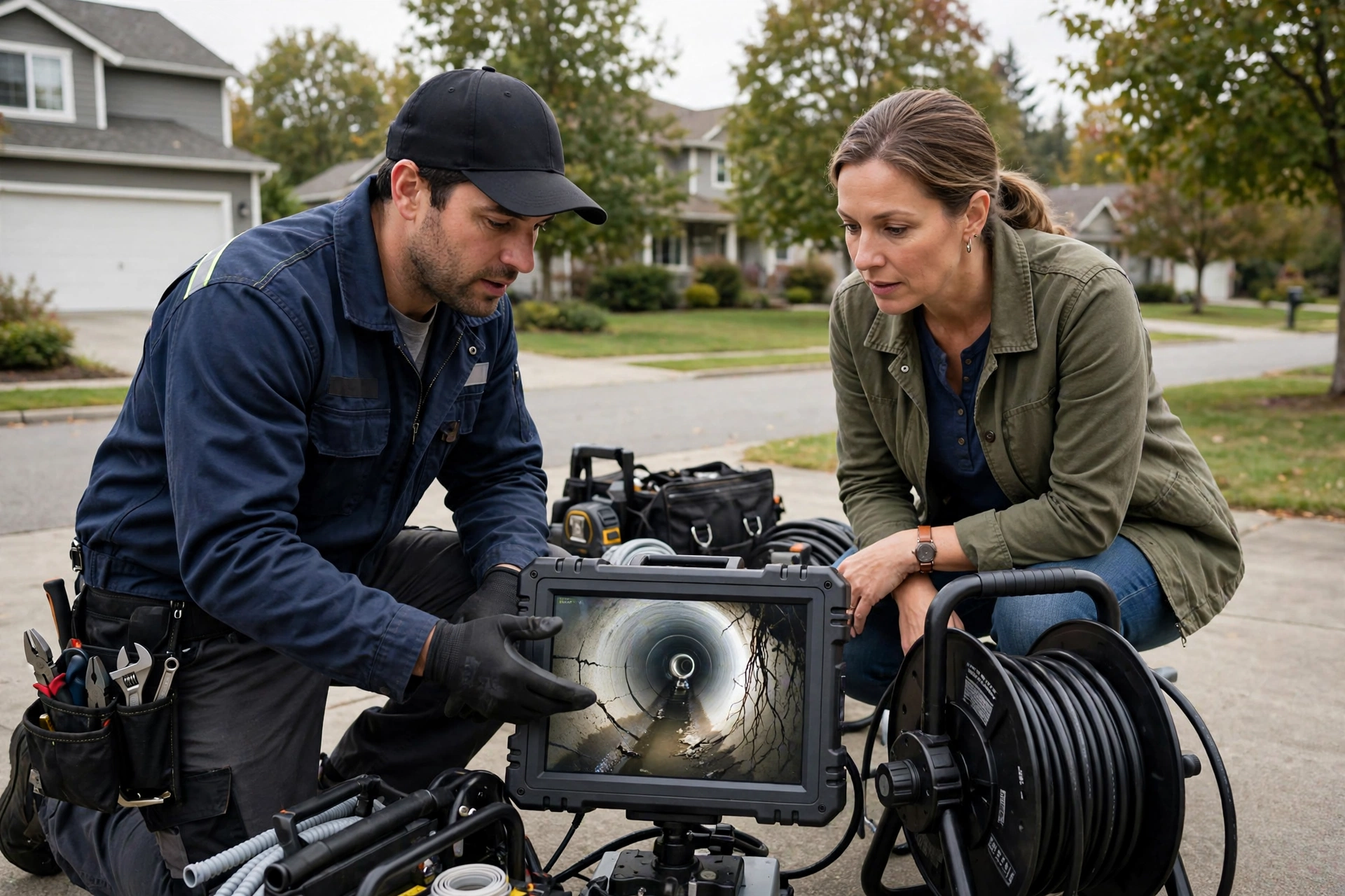 Plumber and homeowner reviewing a sewer camera inspection on a monitor