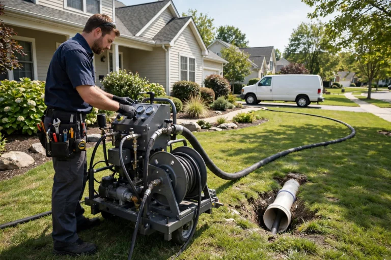 Plumber operating a hydro jetting machine at a sewer cleanout outside a home
