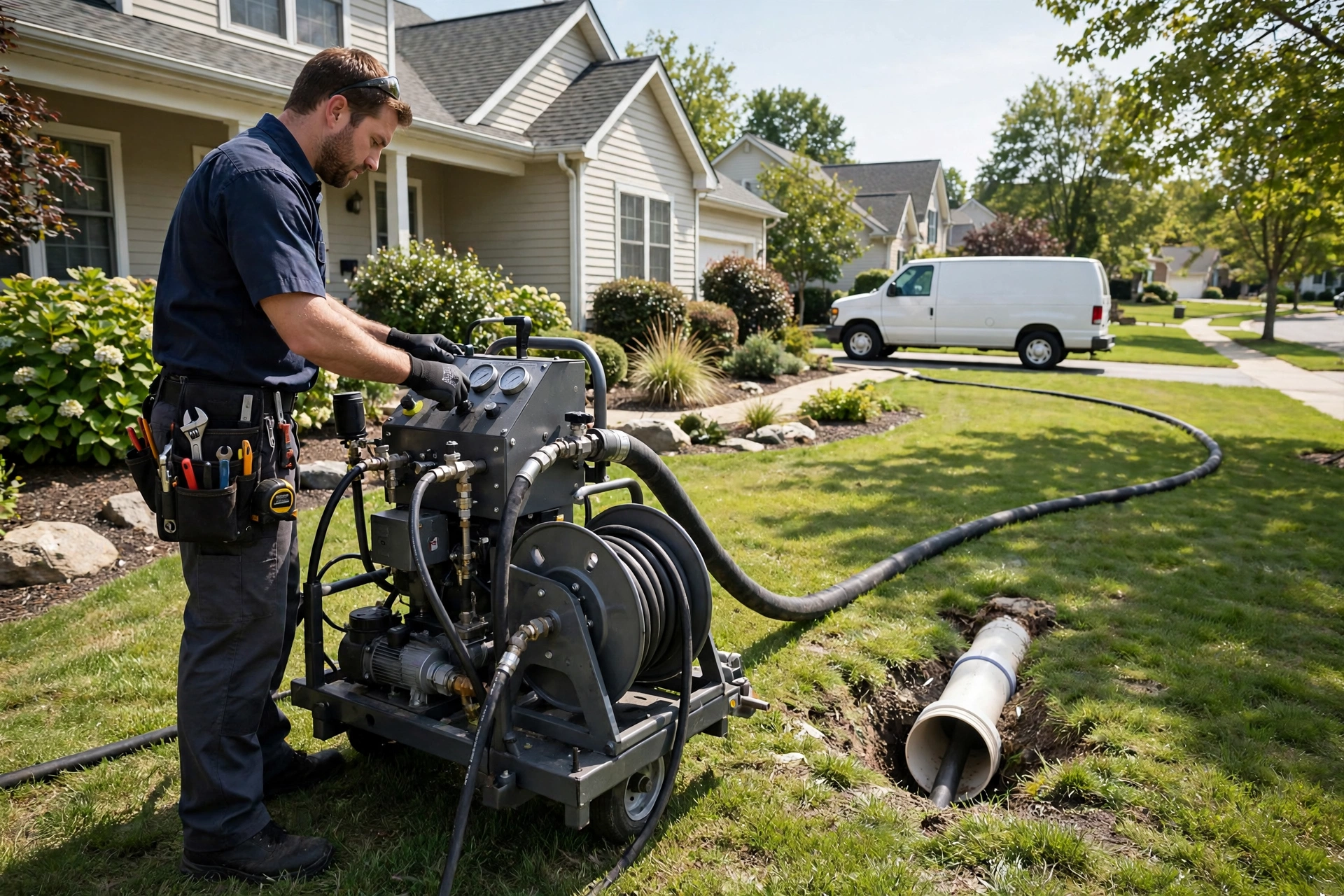Plumber operating a hydro jetting machine at a sewer cleanout outside a home