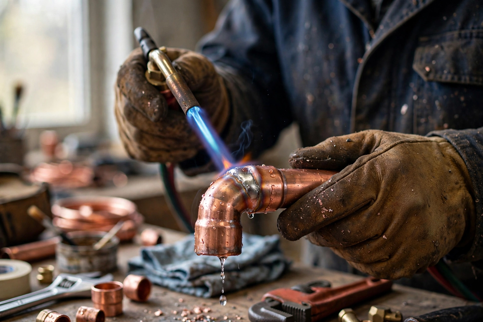 Plumber soldering a copper pipe joint, a common job behind plumbing repair cost