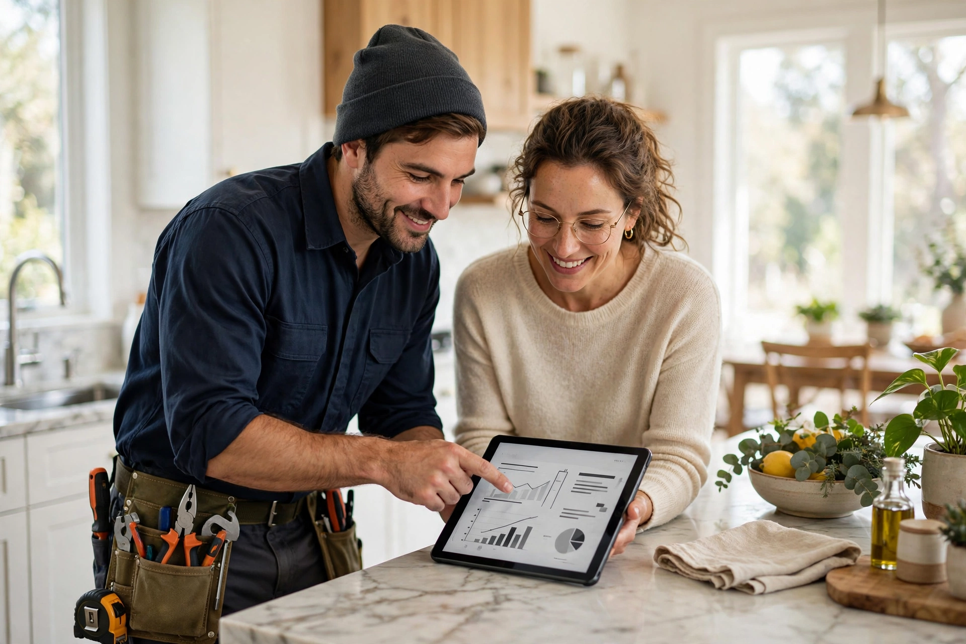 Plumber showing a repair estimate on a tablet to a homeowner